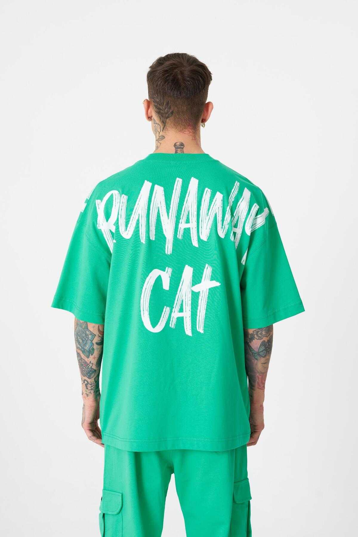 تیشرت مردانه گربه فراری با چاپ سایز بزرگ سبز روشن