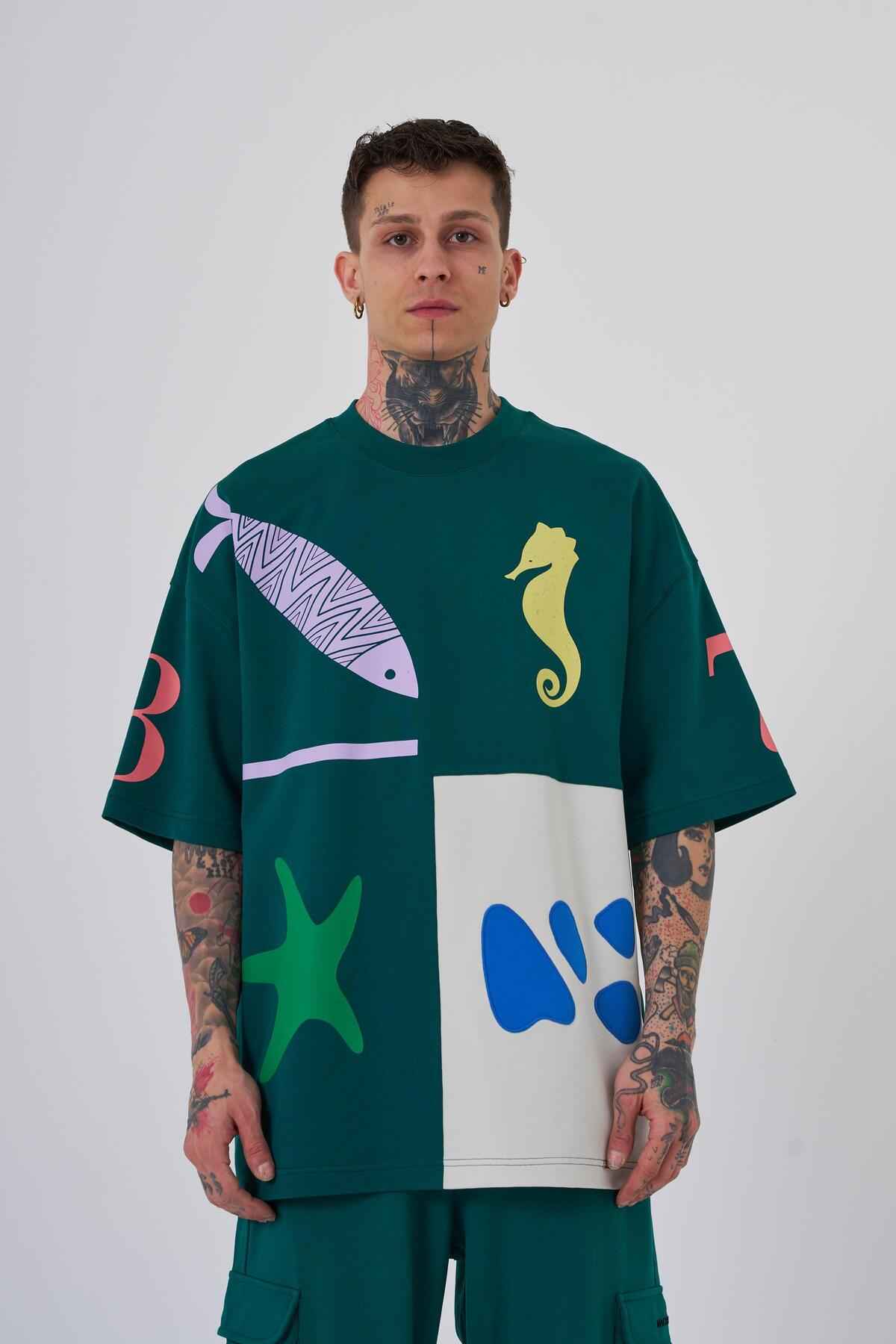 تیشرت مردانه 87 صدف دریایی چاپ شده در سایز بزرگ اکرو سافت آبی تیشرت