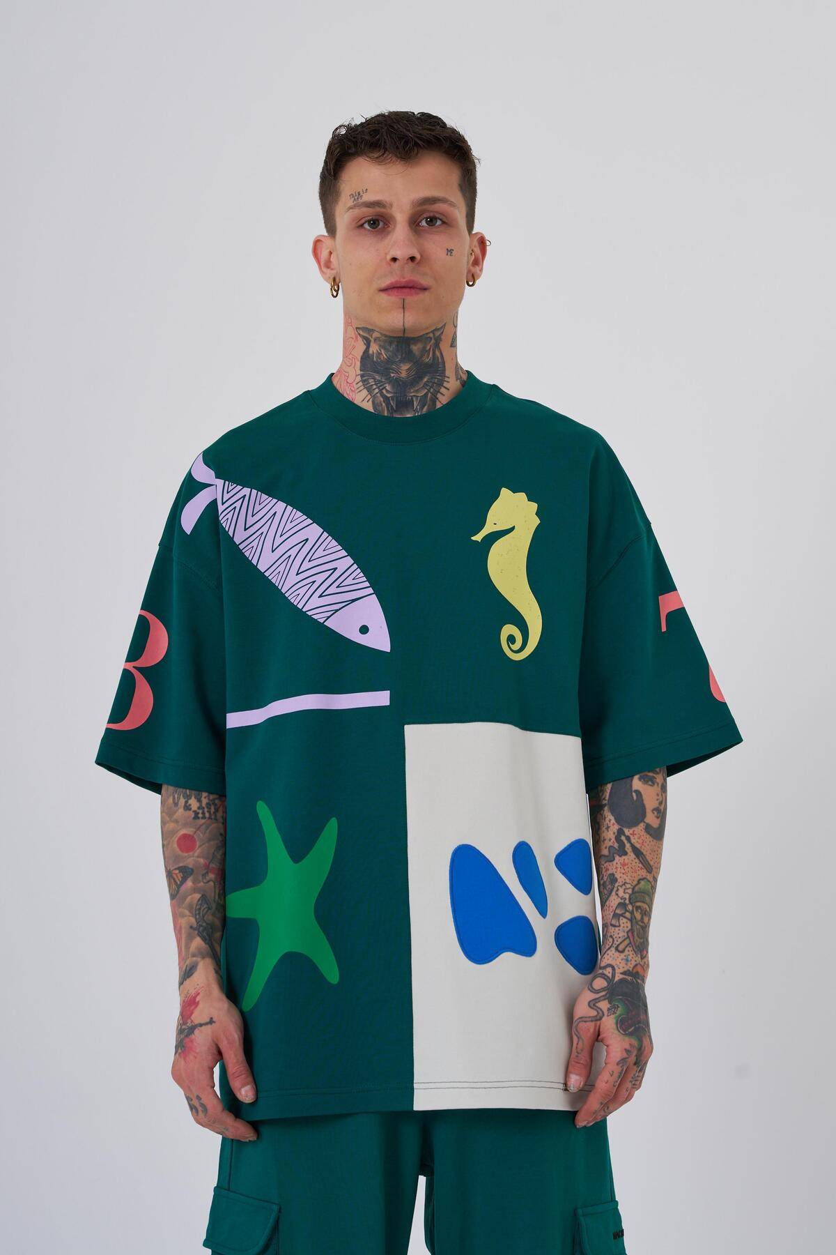 تیشرت مردانه 87 صدف دریایی چاپ شده در سایز بزرگ اکرو سافت آبی تیشرت