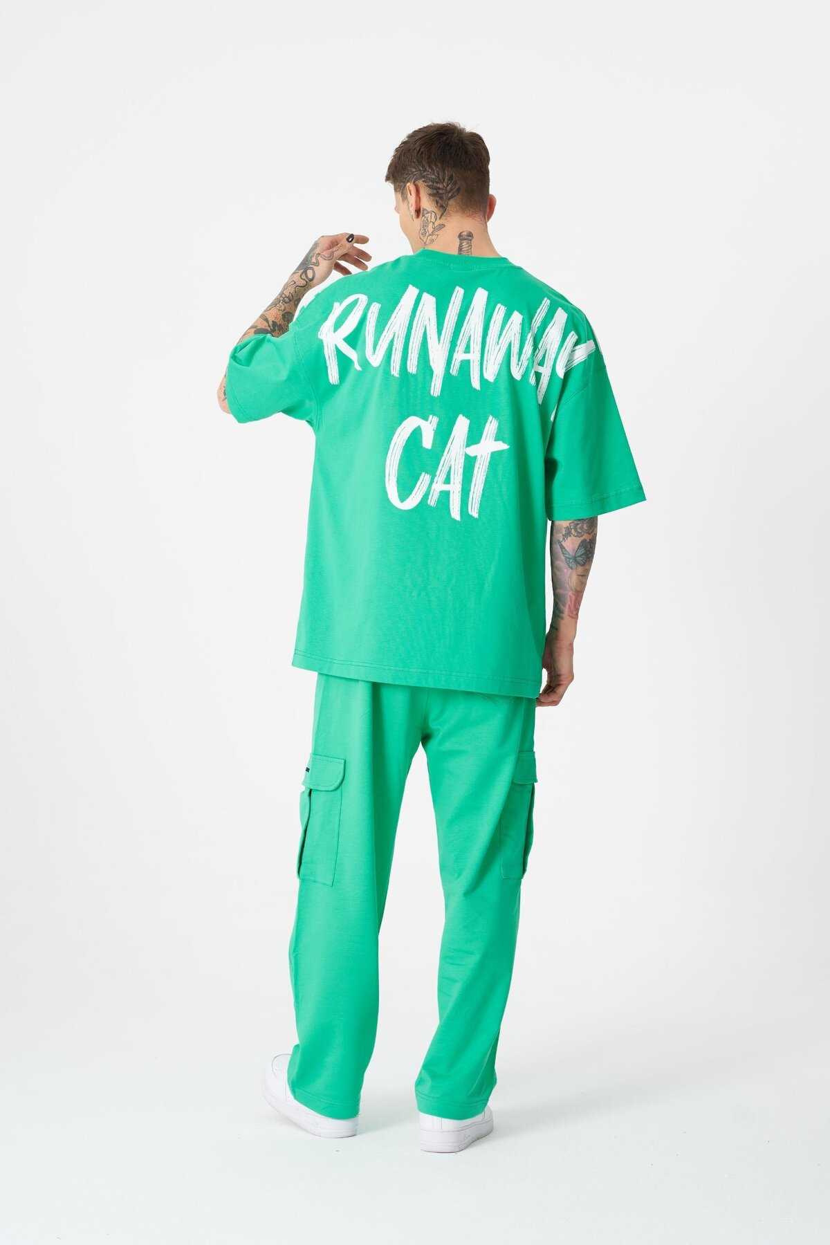 تیشرت مردانه گربه فراری با چاپ سایز بزرگ سبز روشن