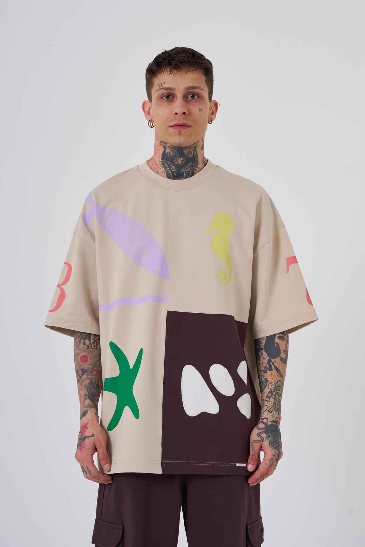 تیشرت مردانه 87 صدف دریایی چاپ شده در سایز بزرگ اکرو سافت آبی تیشرت