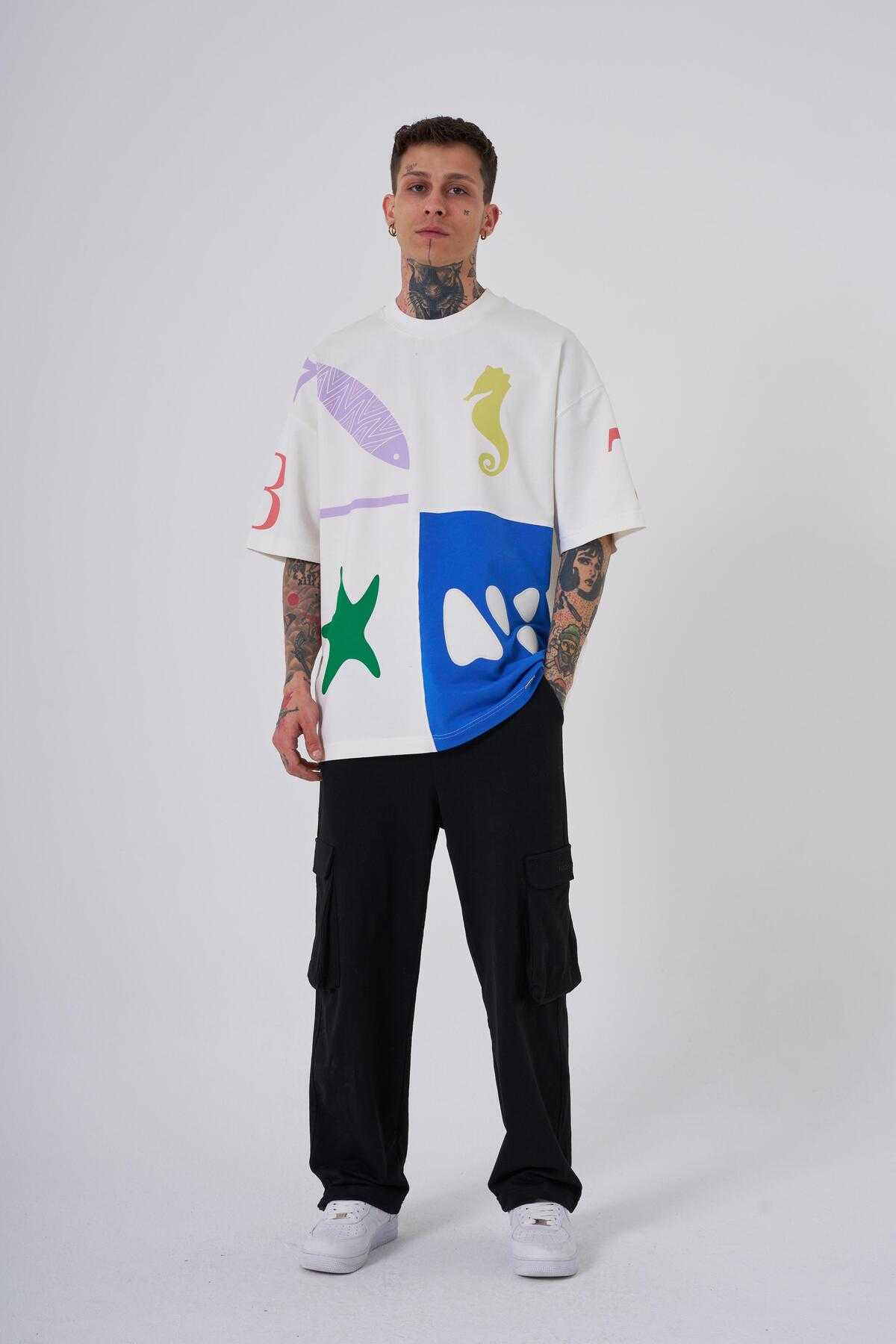 تیشرت مردانه 87 صدف دریایی چاپ شده در سایز بزرگ اکرو سافت آبی تیشرت