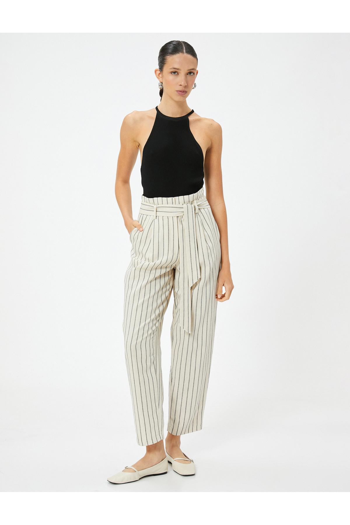 کتانی ترکیب شلوار بالون کمربند جیبی کمر بلند با جزئیات