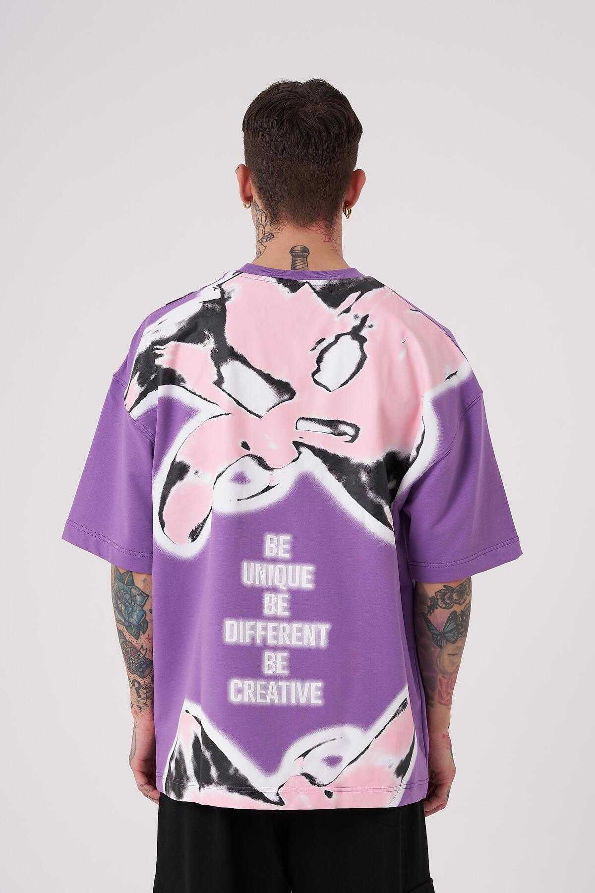 تیشرت مردانه بنفش با چاپ گل نیلوفر آبی سایز بزرگ