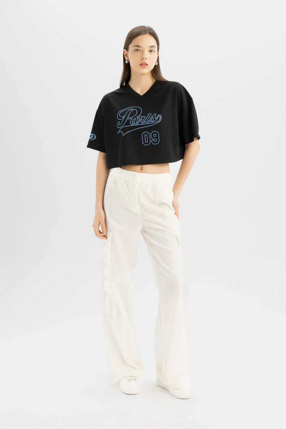 تیشرت آستین کوتاه چاپ شده با یقه V با سایز عالی D1420axbk81mc