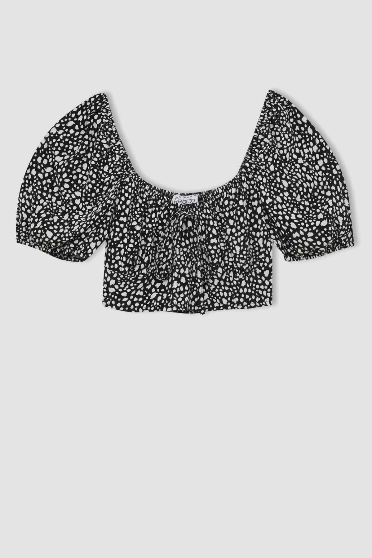 بلوز آستین کوتاه مراکشی چاپ شده با یقه گرد