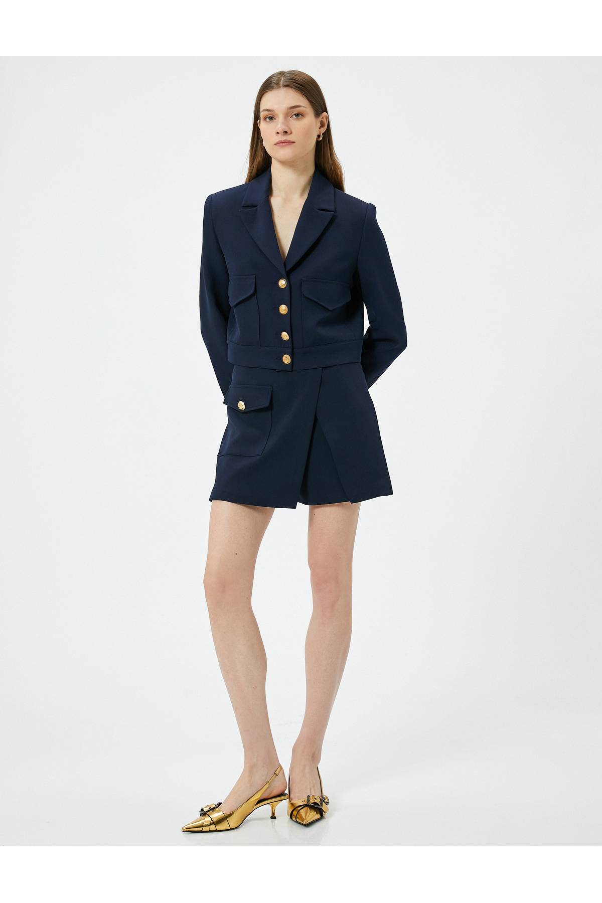 دامن کوتاه کوتاه جیب دکمه دار کمر بلند