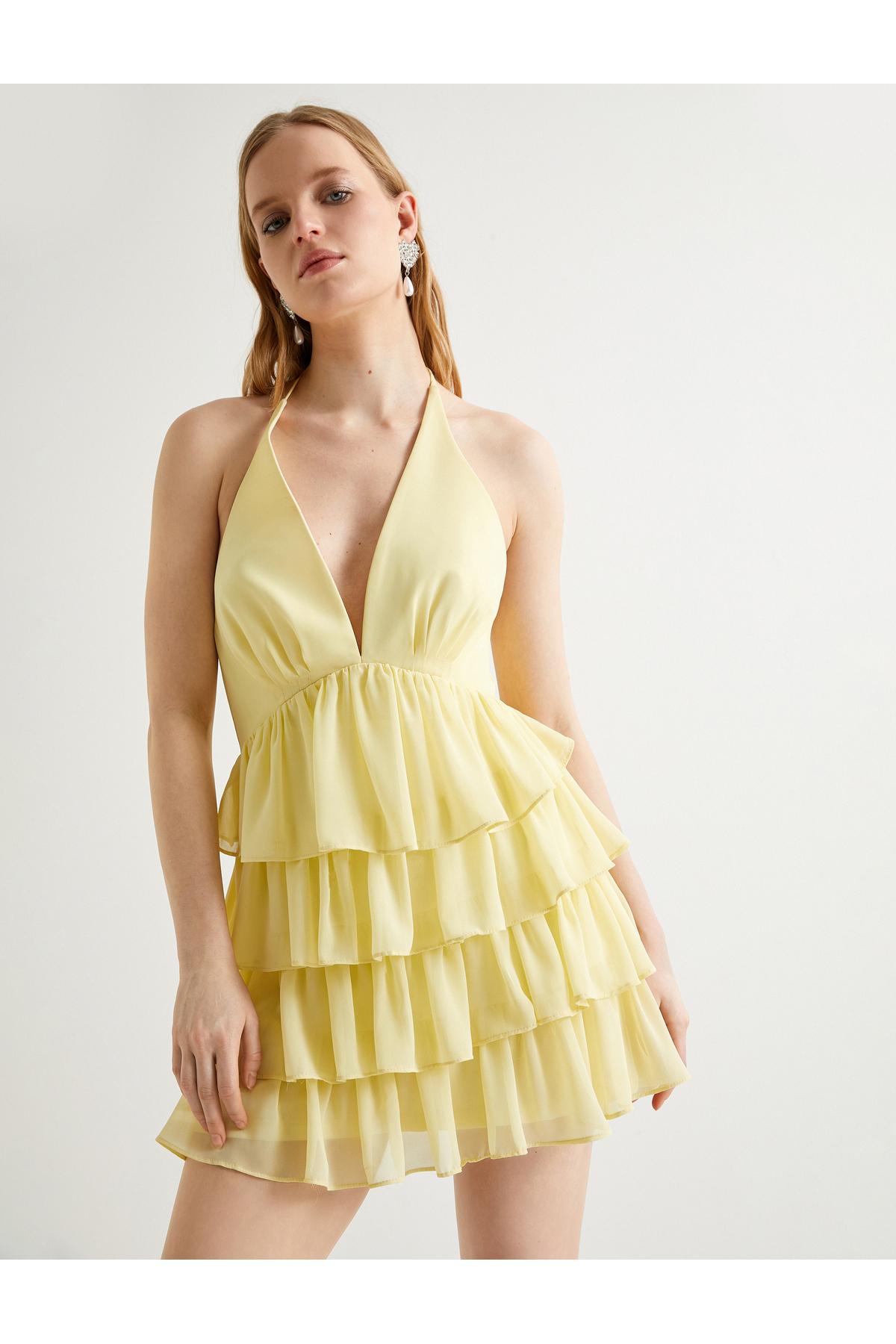 لباس کوتاه روفله آبشاری یقه V عمیق