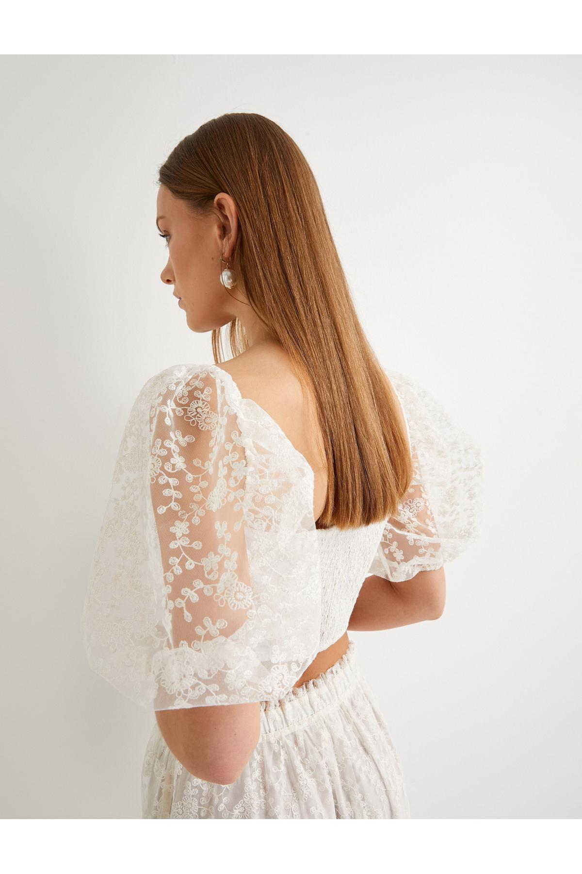 بلوز توری بلوز آستین یقه مربعی