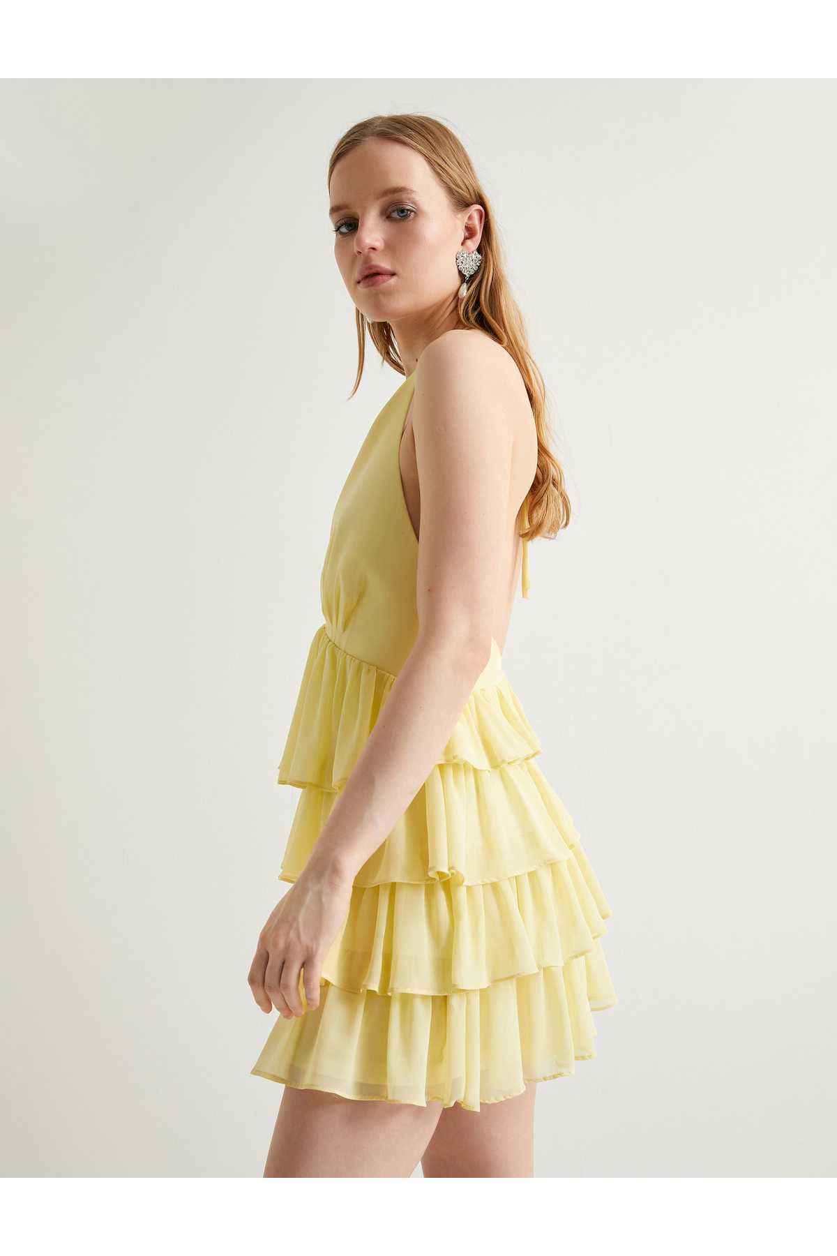 لباس کوتاه روفله آبشاری یقه V عمیق