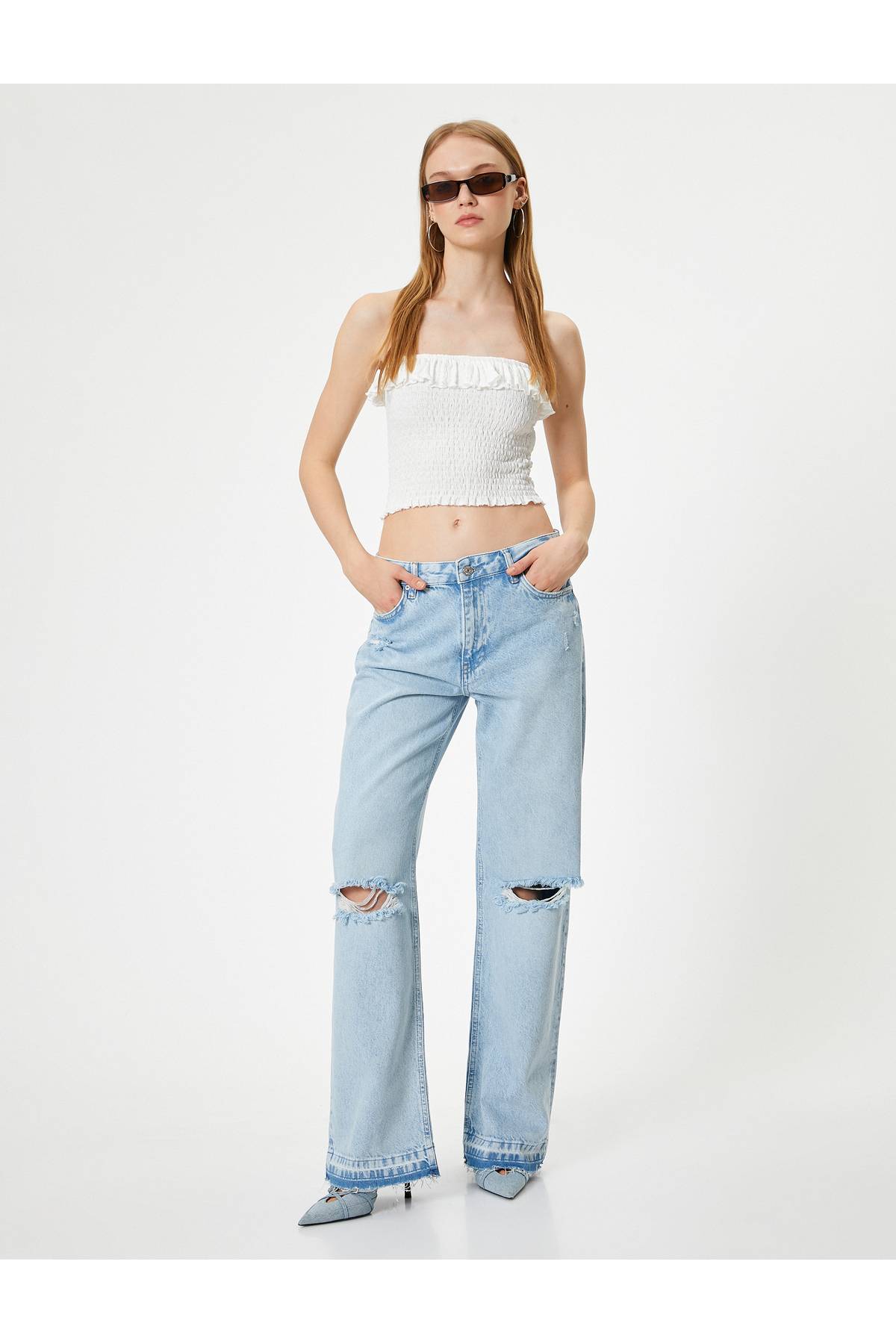 شلوار جین پاره صاف با کمر راست - نورا جین