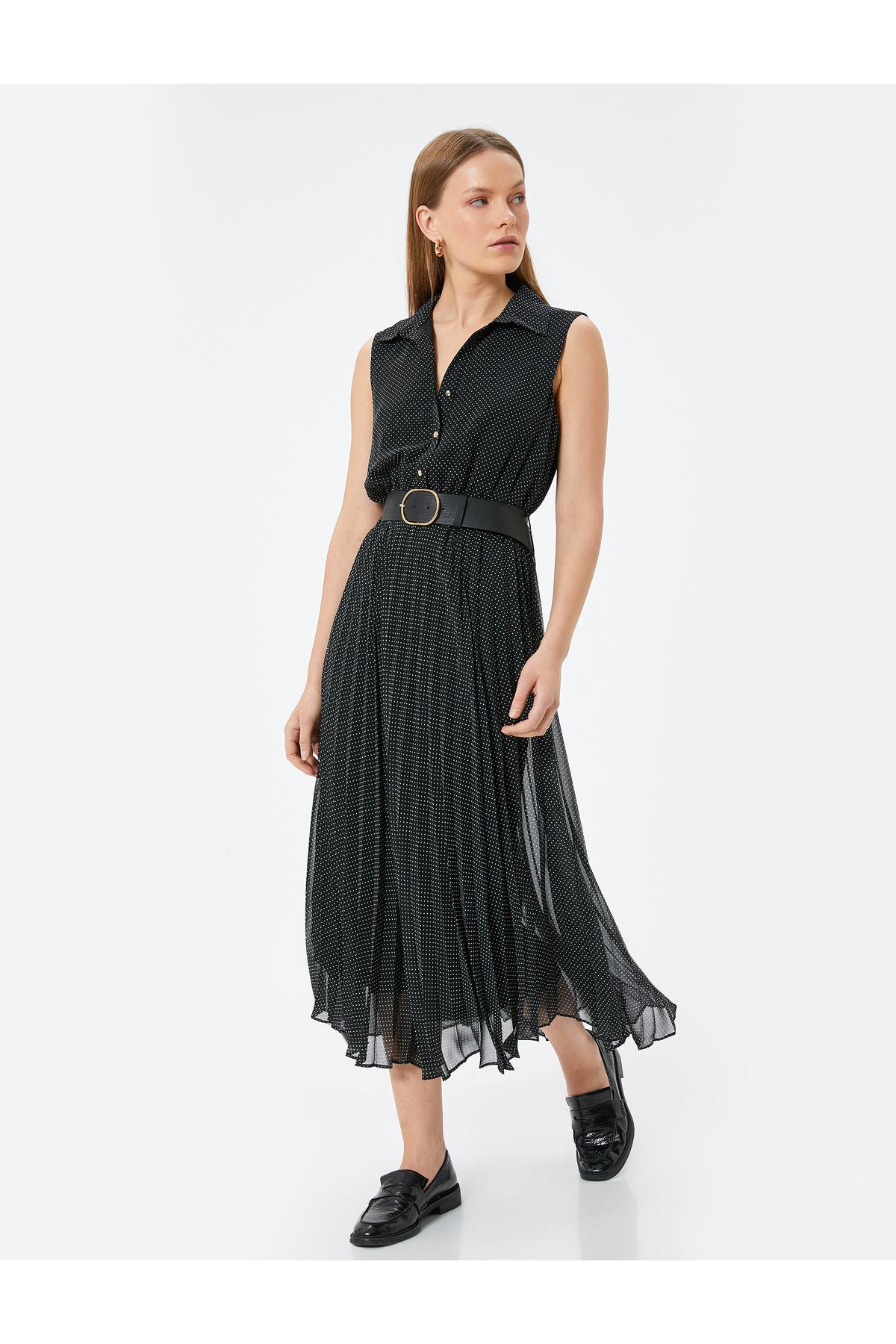 دامن پارچه ابریشمی میدی چین دار خال خال دار کمربند دکمه دار بدون آستین