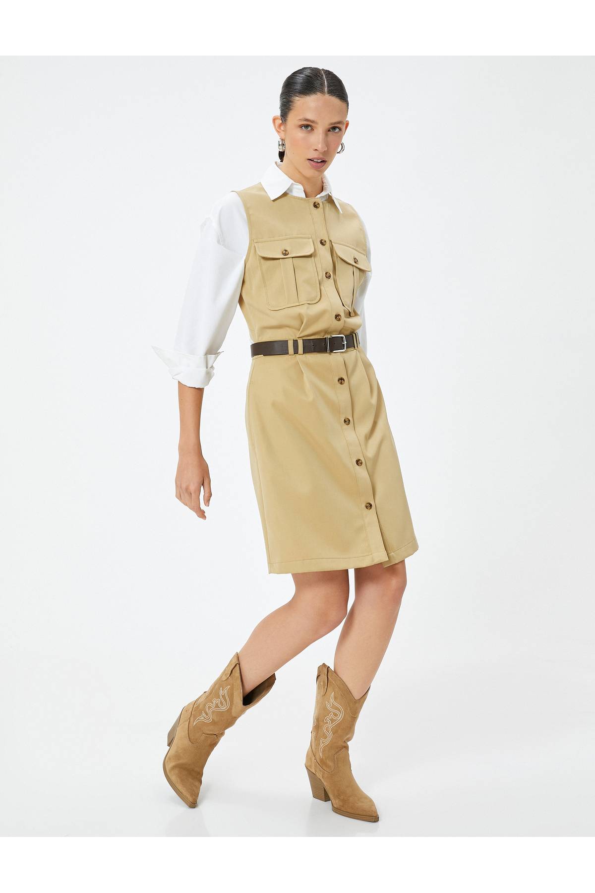 مینی لباس باری جیب با جزئیات یقه خدمه بدون آستین