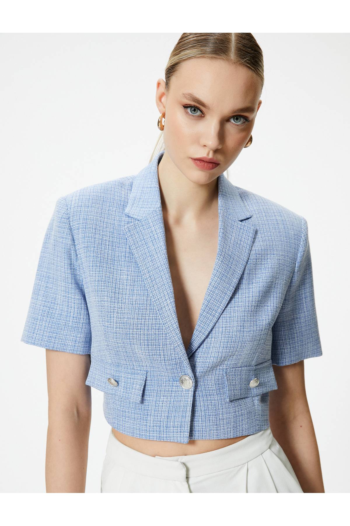 آستین کوتاه ژاکت بلیزر Crop با جیب های تاشو