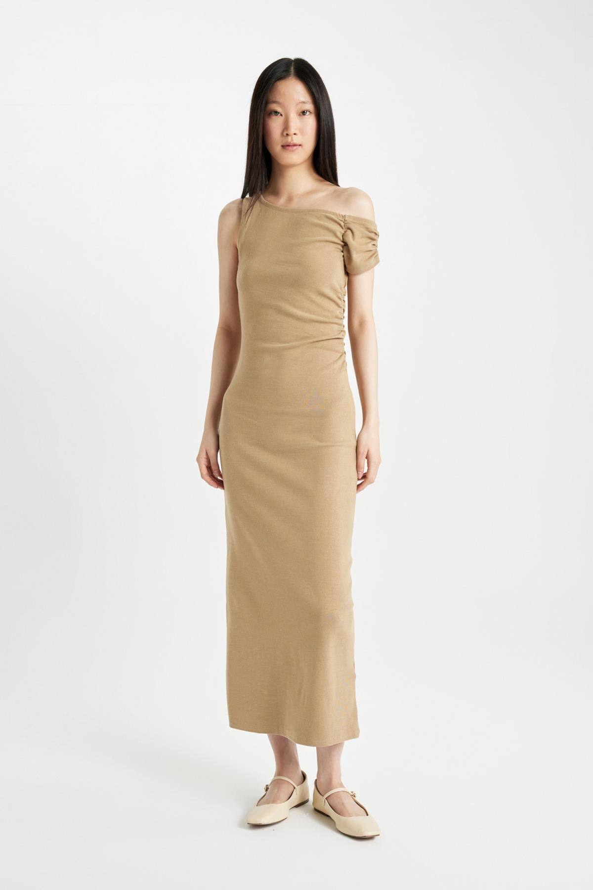 لباس میدی آستین کوتاه آجدار بادیکن یک شانه