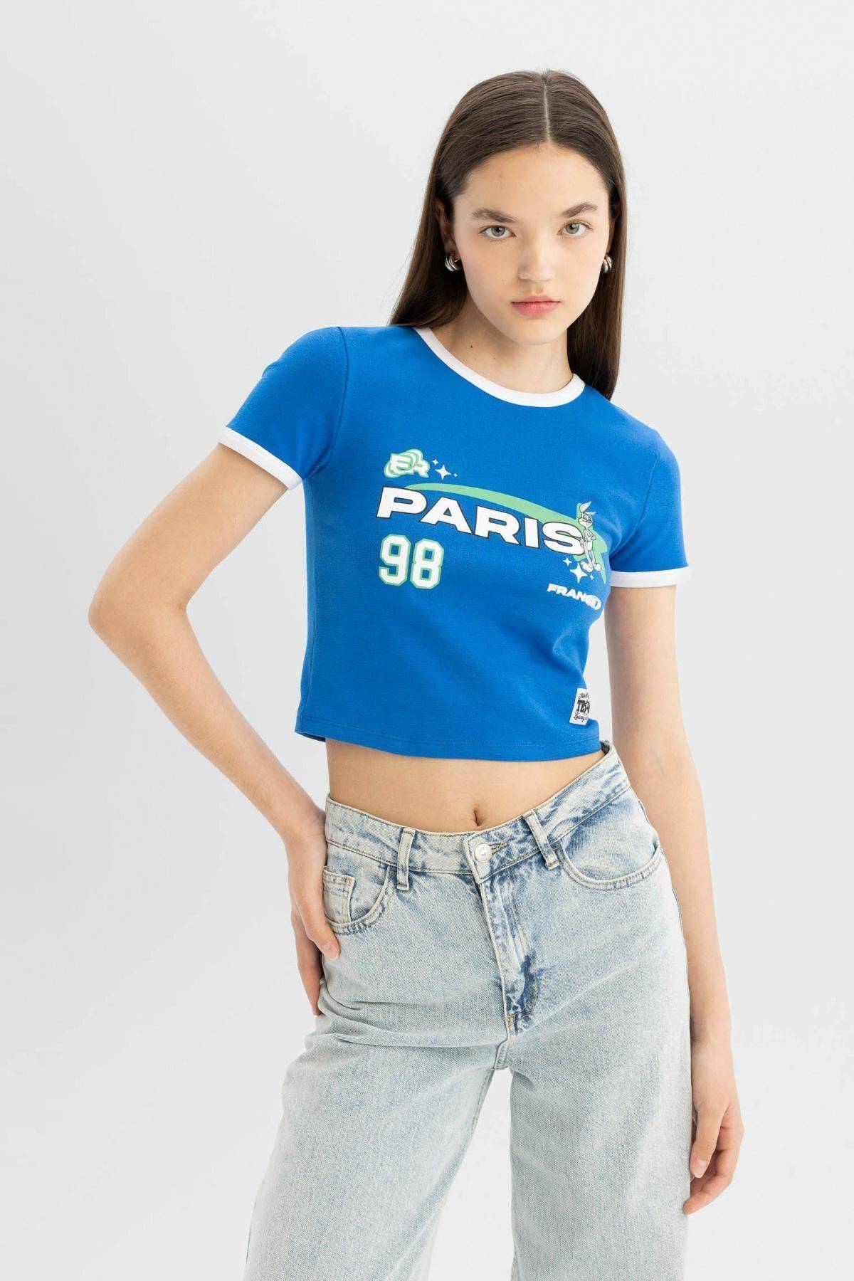 تیشرت آستین کوتاه آجدار چاپ شده با یقه خدمه Cool Tunes D1172x24sm