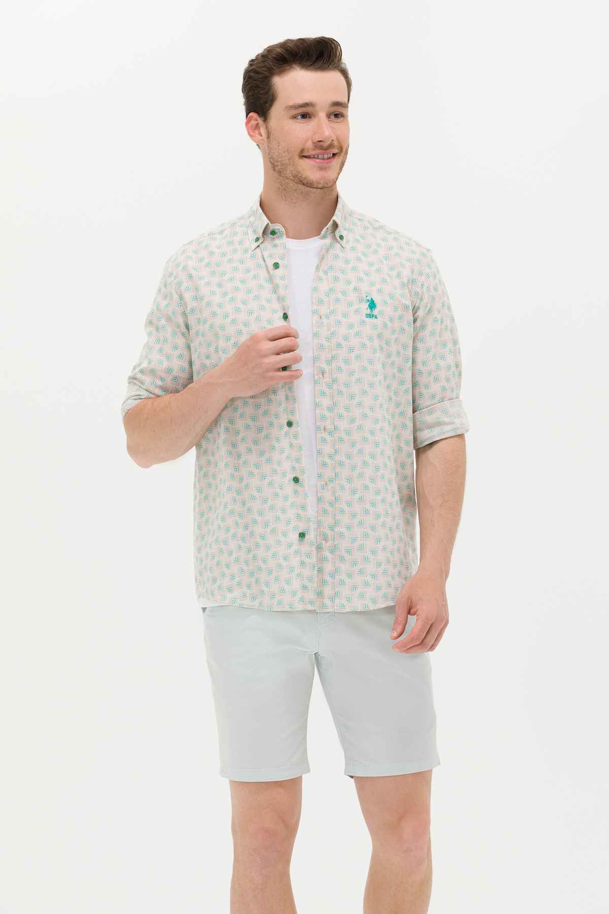 پیراهن مردانه 100% نخی با آستین تاشو یقه دکمه دار