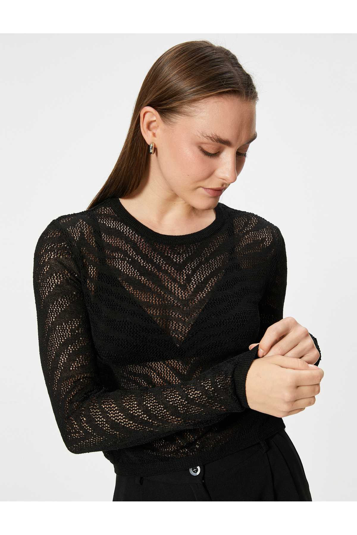 یقه آستین بلند ژاکت بافتنی روباز