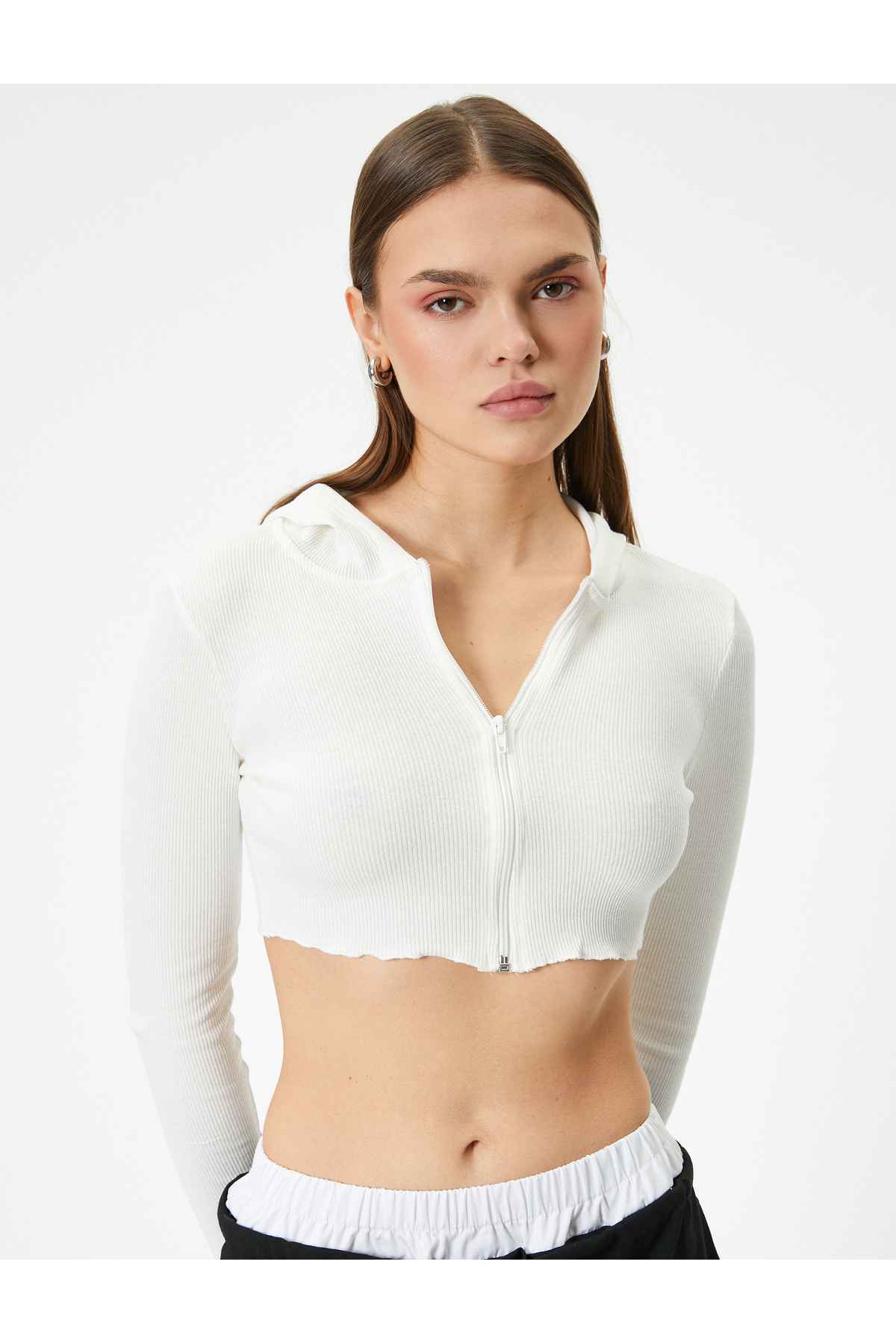 Crop Hooded زیپ ژاکت کش باف پشمی آستین بلند Slim Fit