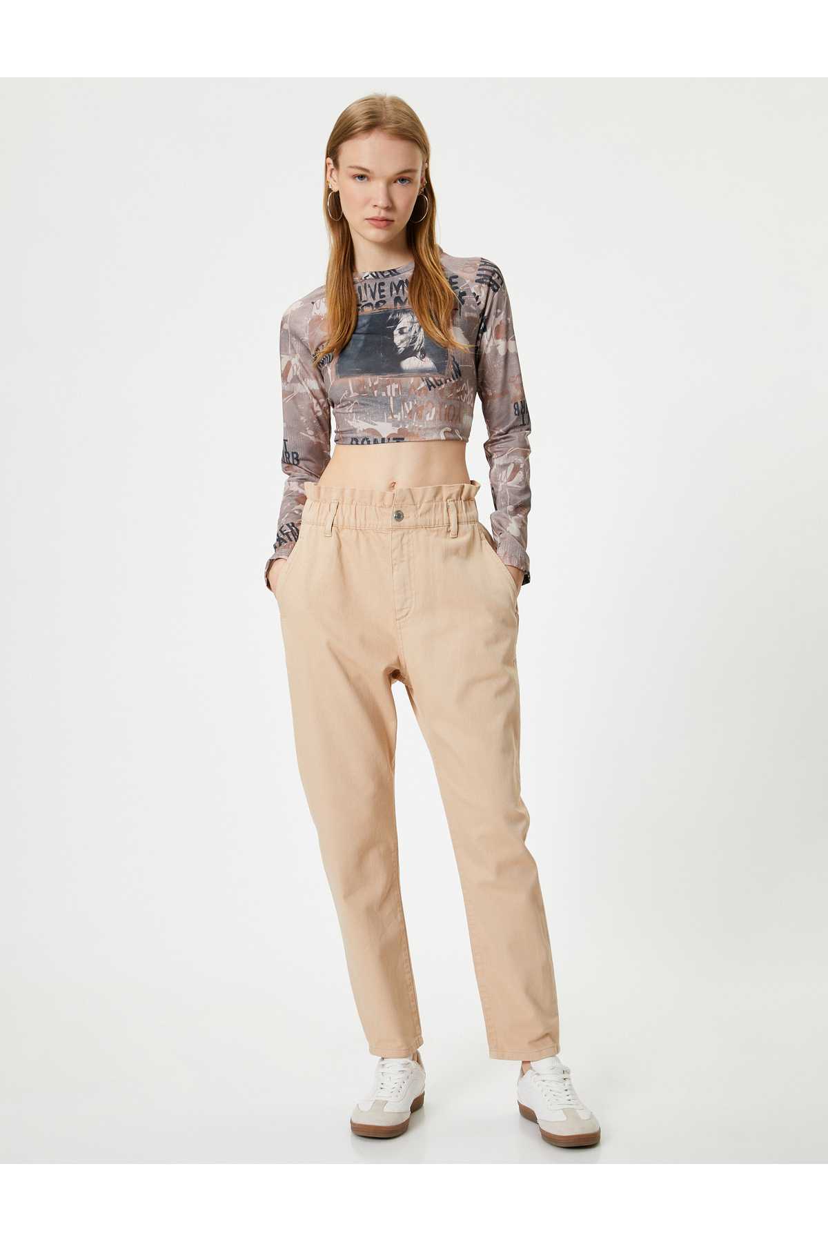 شلوار جین کمر بلند با کمر الاستیک - جین گشاد