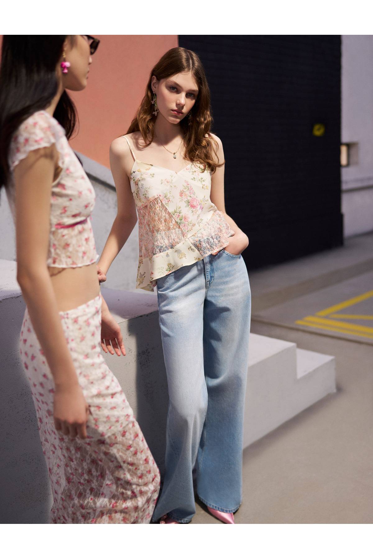 دامن توری بلند گلدار با خط استاندارد کمر