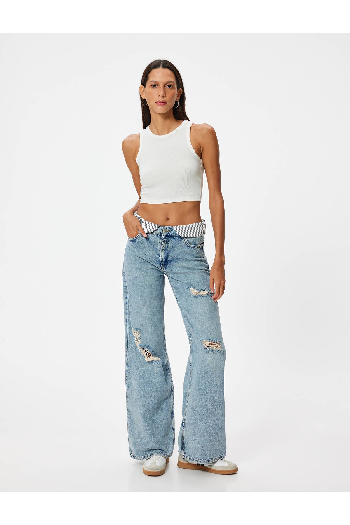 شلوار جین پاره پاره شده با دکمه های کمری استاندارد - شلوار جین گشاد بیانکا