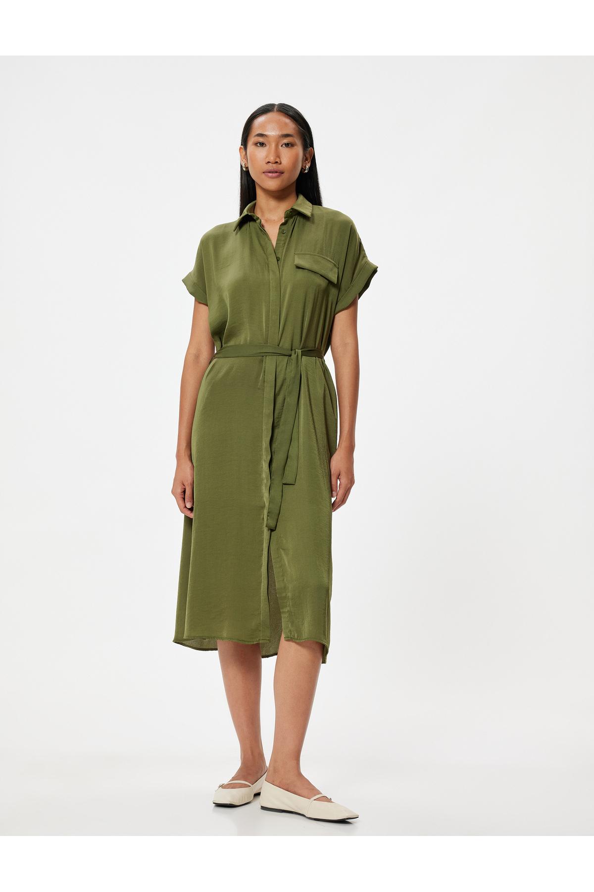 پیراهن قد بلند ساتن Aerobin با آستین کوتاه دامن گشاد با کمربند