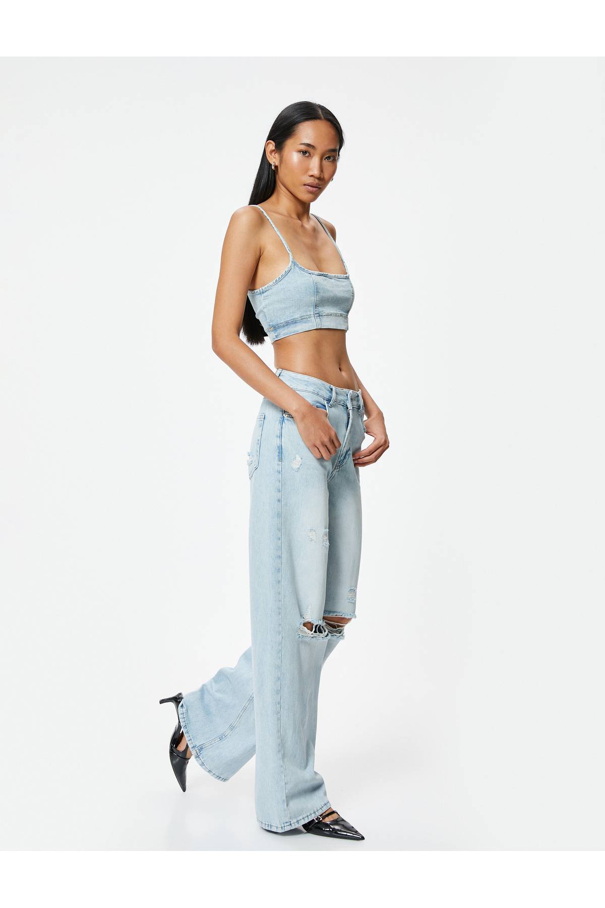 شلوار جین گشاد پاره شده با دکمه های کمری استاندارد - Bianca Wide Leg Jean