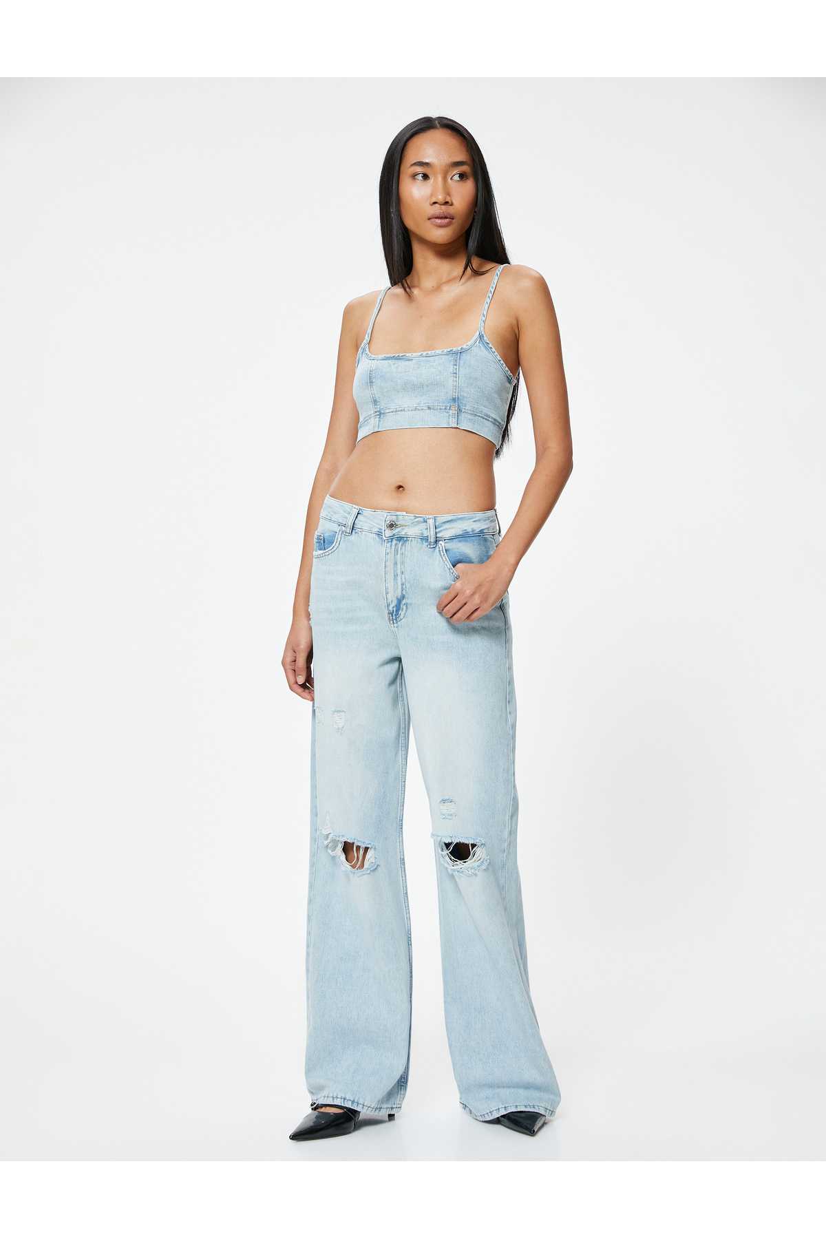 شلوار جین گشاد پاره شده با دکمه های کمری استاندارد - Bianca Wide Leg Jean