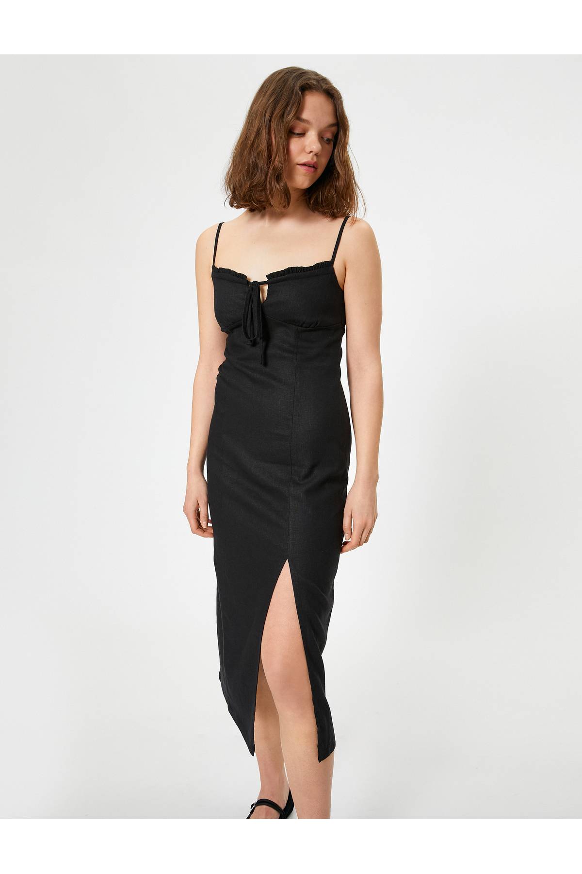 بند کتانی ترکیبی لباس بلند کراوات جلو