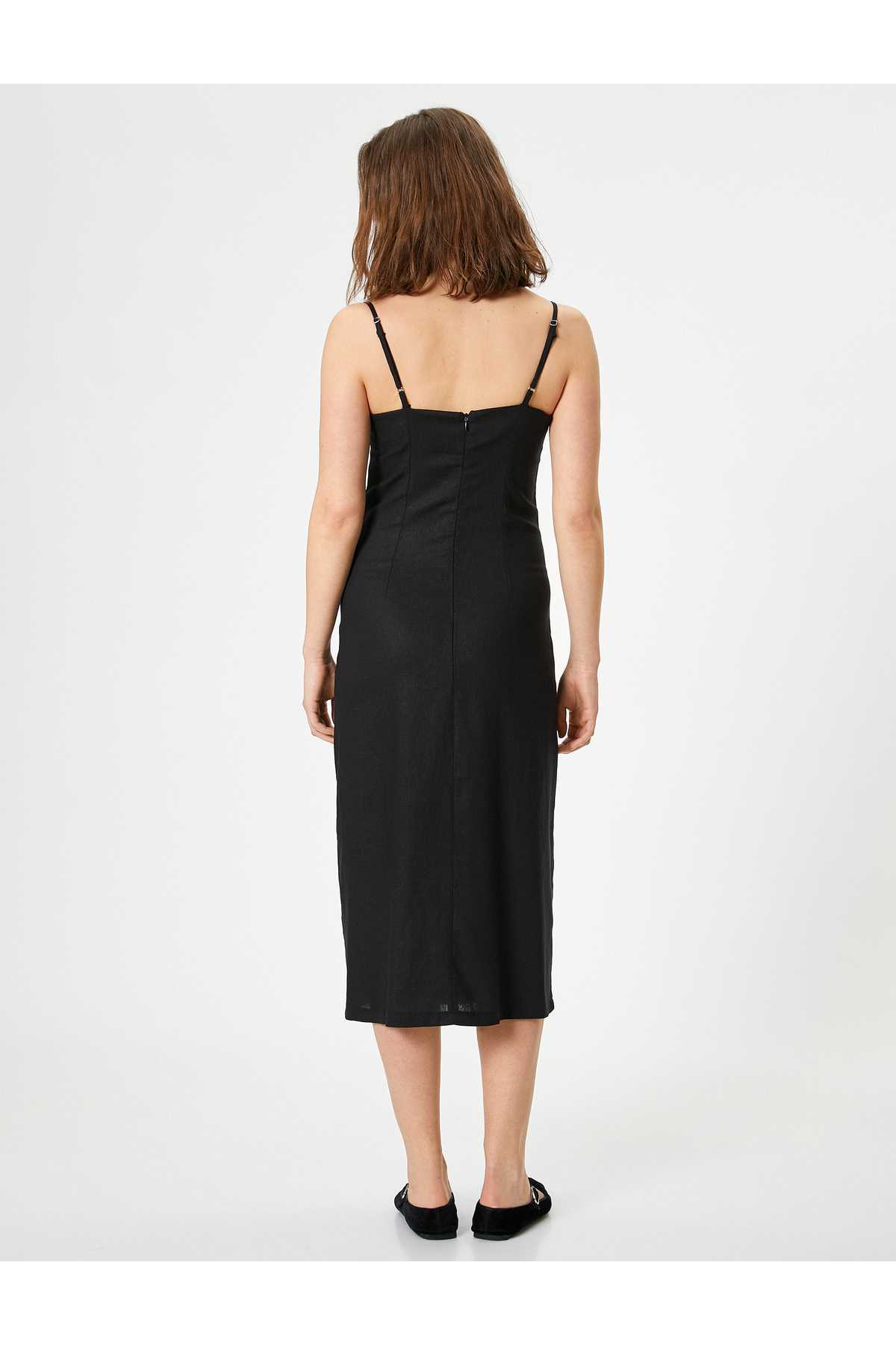 بند کتانی ترکیبی لباس بلند کراوات جلو