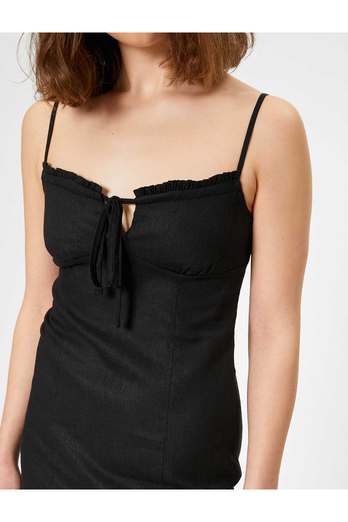 بند کتانی ترکیبی لباس بلند کراوات جلو