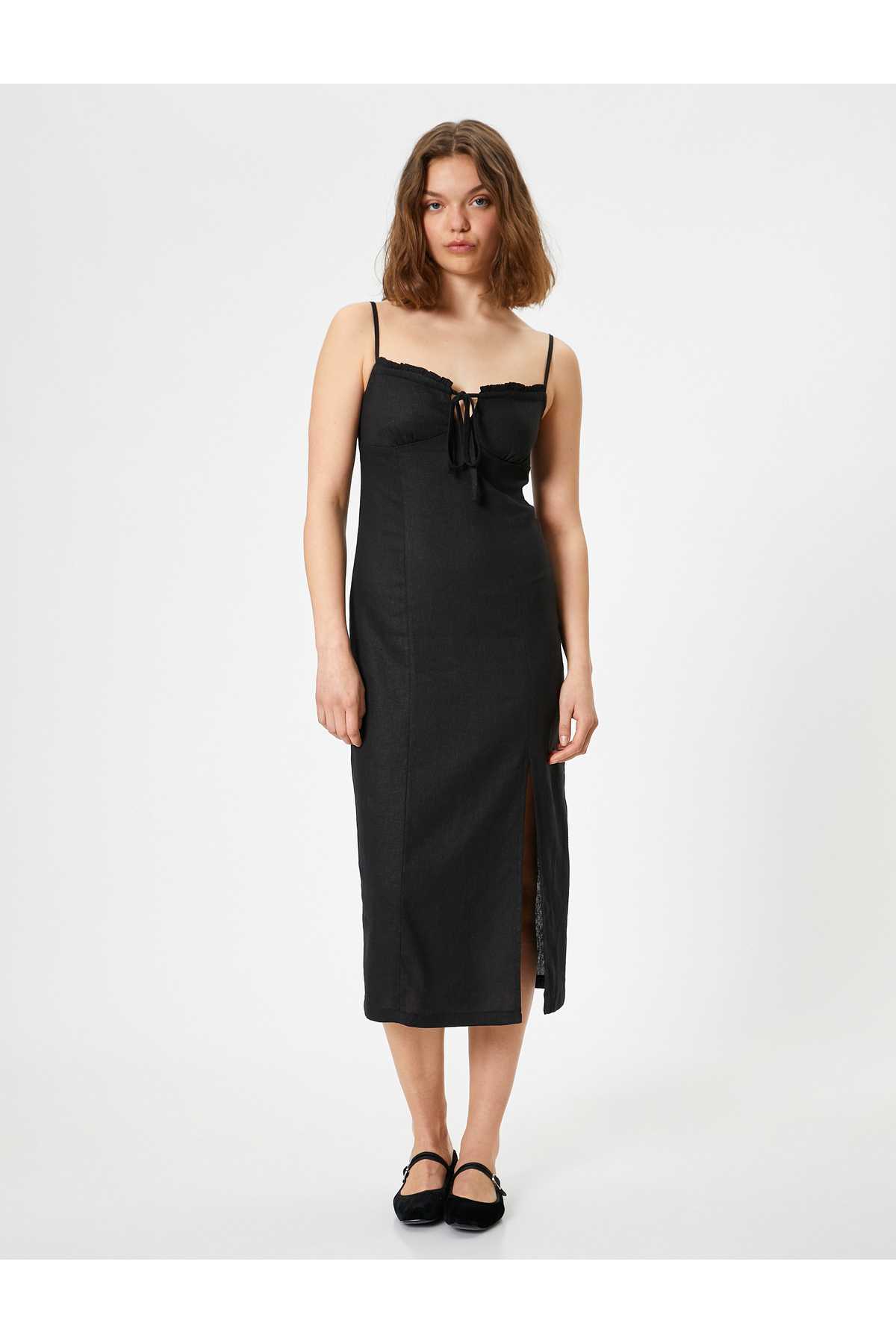 بند کتانی ترکیبی لباس بلند کراوات جلو