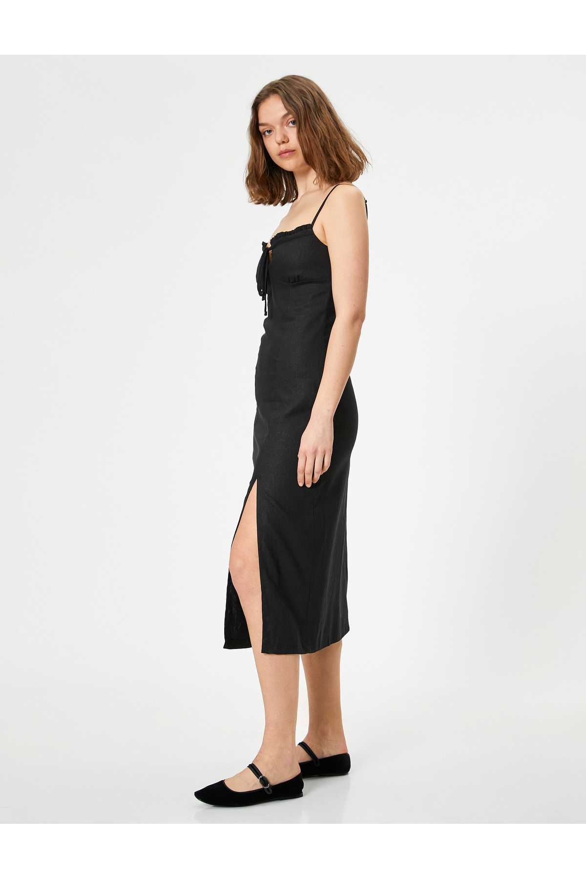 بند کتانی ترکیبی لباس بلند کراوات جلو