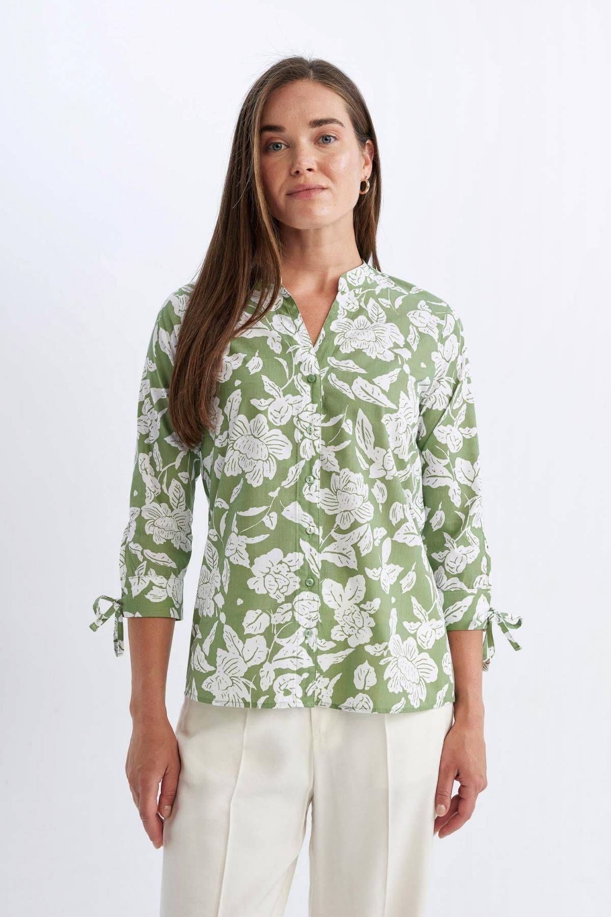 پیراهن آستین بلند نخی یقه تری با تناسب معمولی