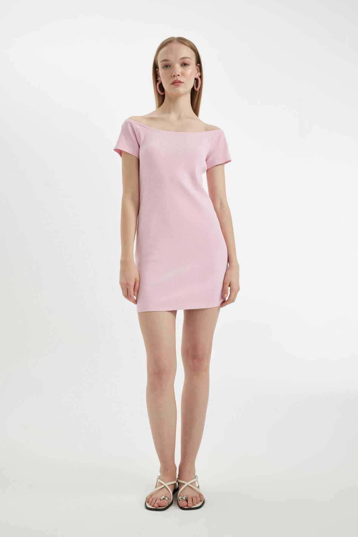 لباس مینی آستین کوتاه مجلسی آجدار بدون تسمه بادیکن خنک