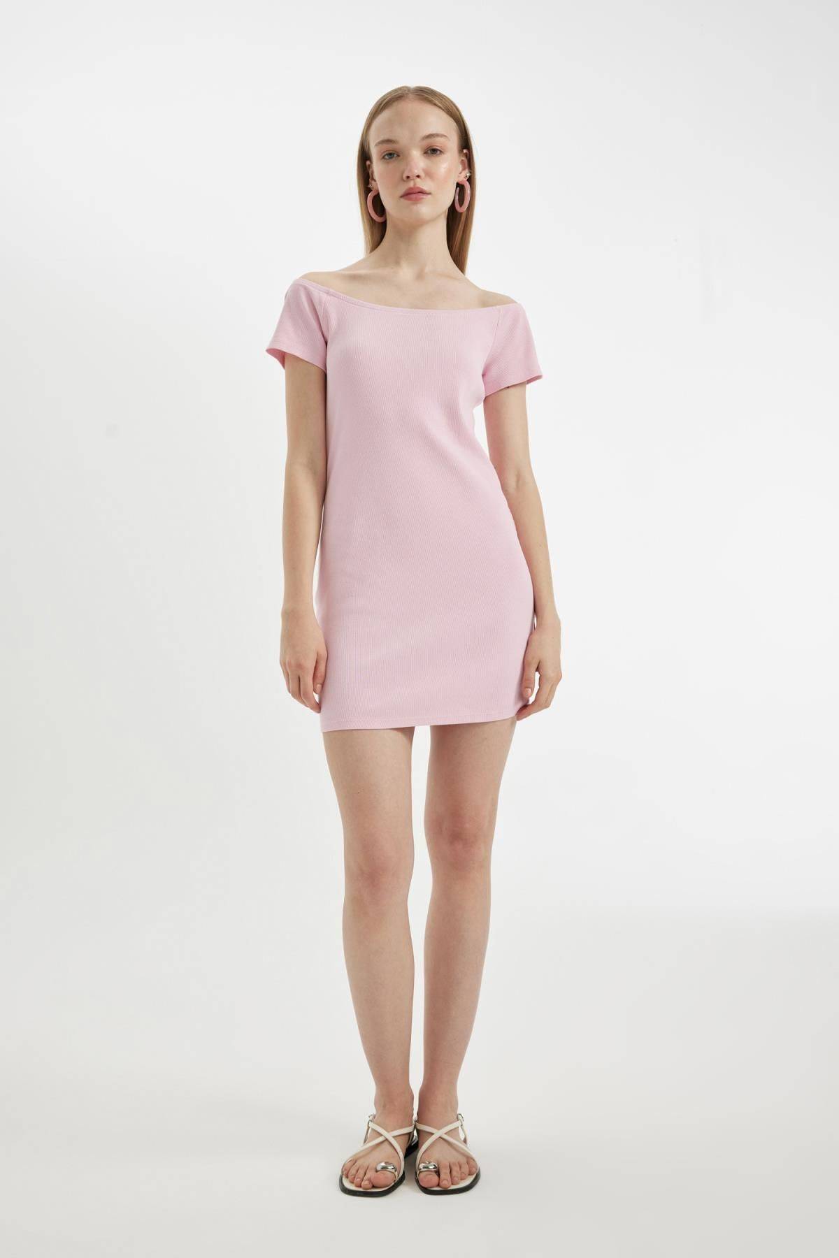 لباس مینی آستین کوتاه مجلسی آجدار بدون تسمه بادیکن خنک