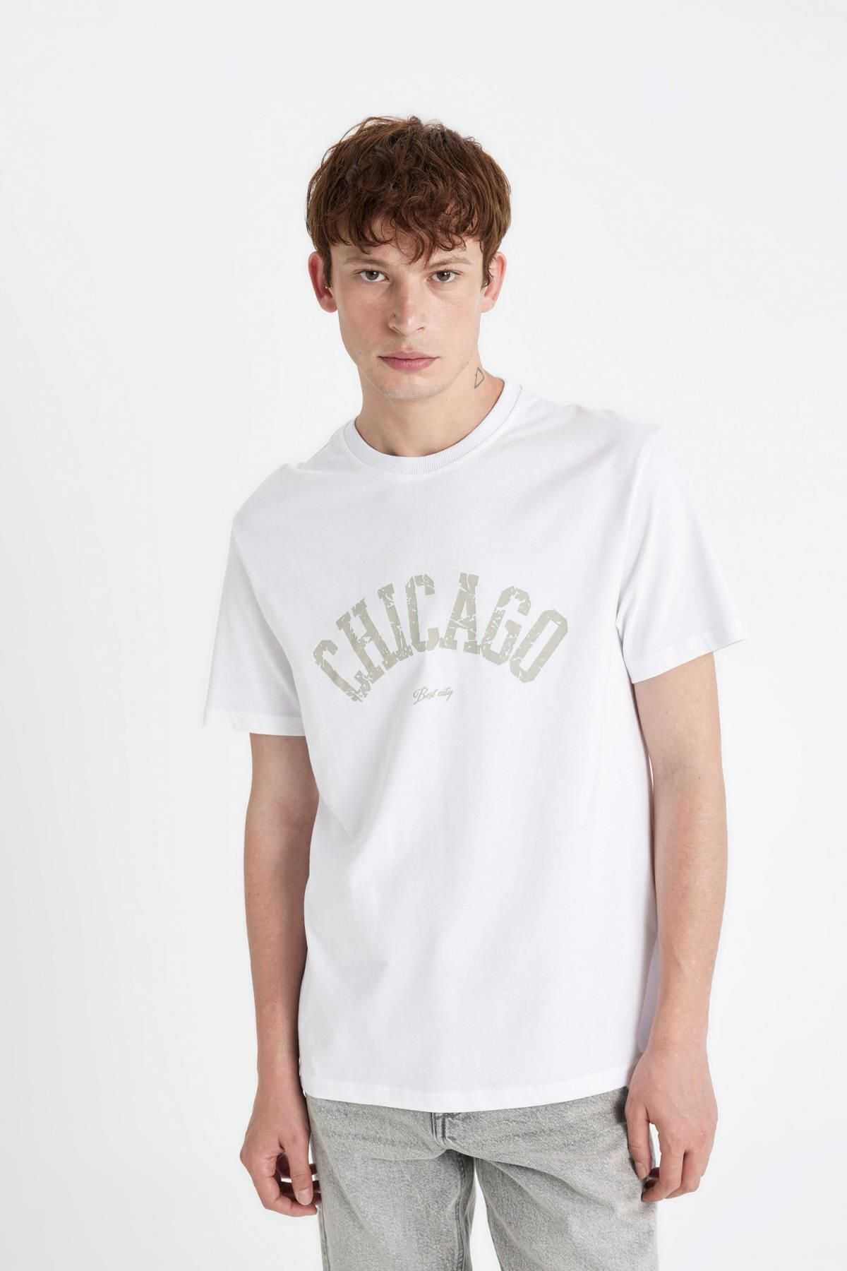 تیشرت آستین کوتاه یقه پرینت معمولی