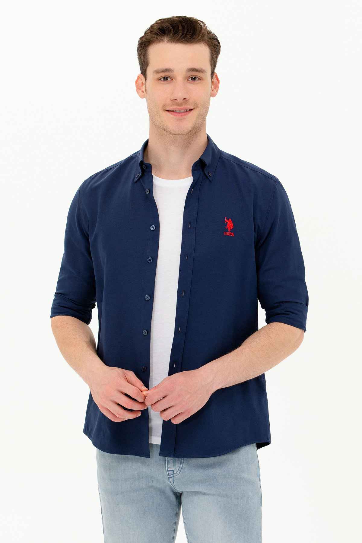 پیراهن پایه آستین بلند آبی روشن مردانه 50262932-VR003