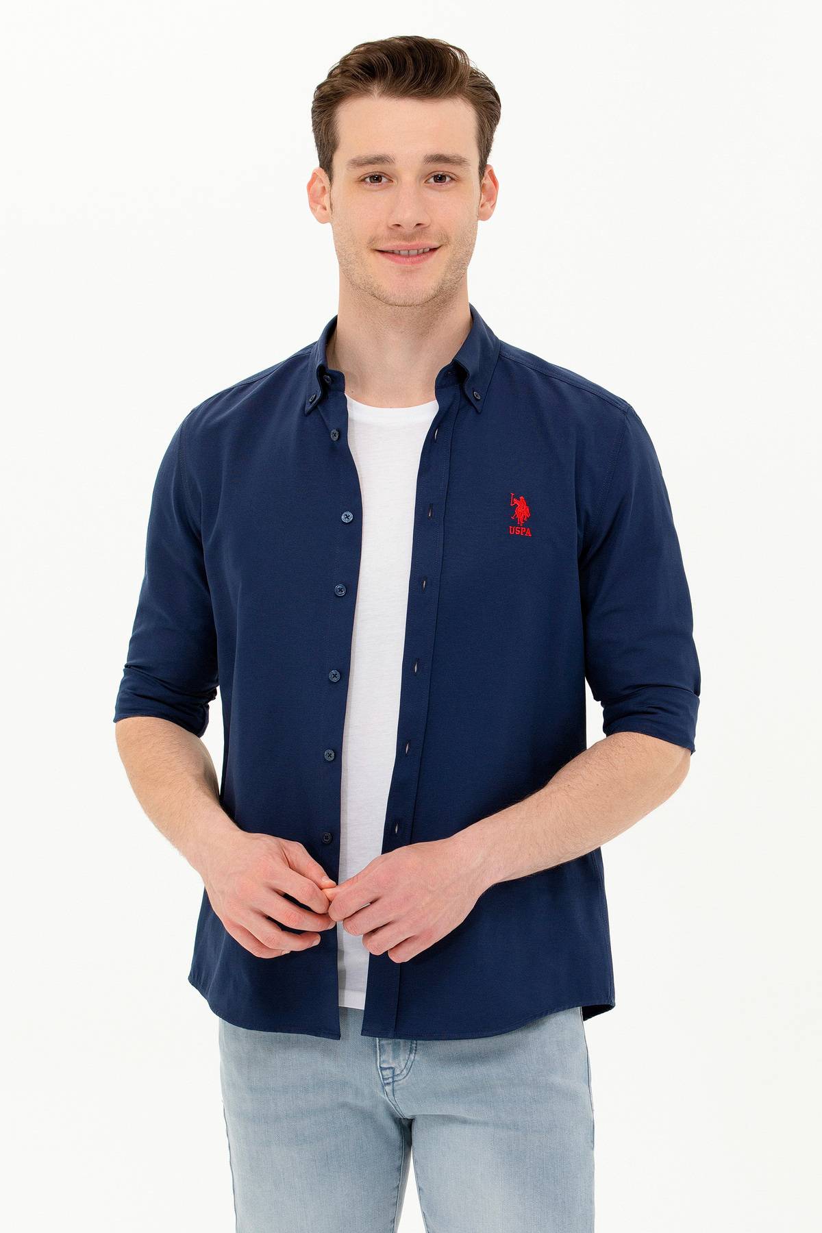 پیراهن پایه آستین بلند آبی روشن مردانه 50262932-VR003