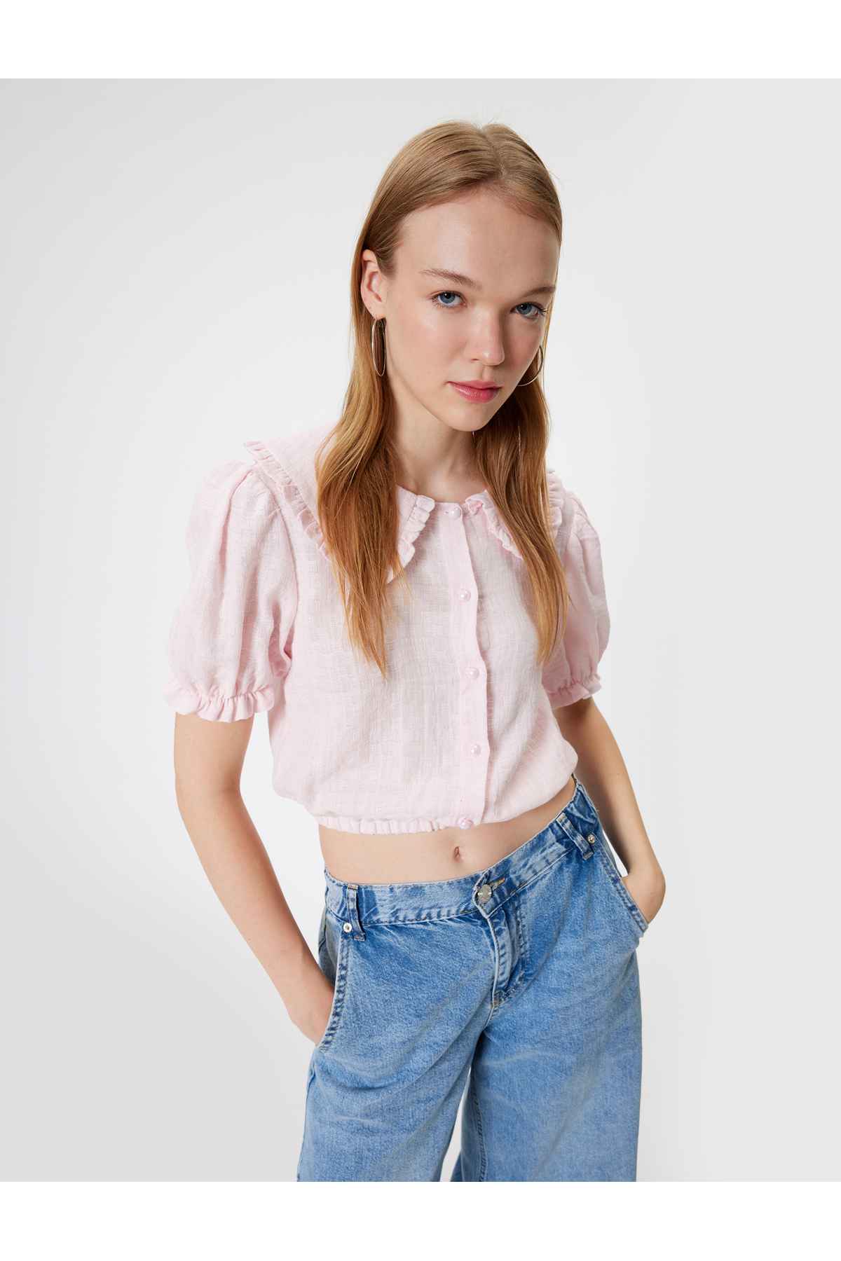 بلوز بلوز آستین بادکنکی یقه پهن کودک با دکمه نخی