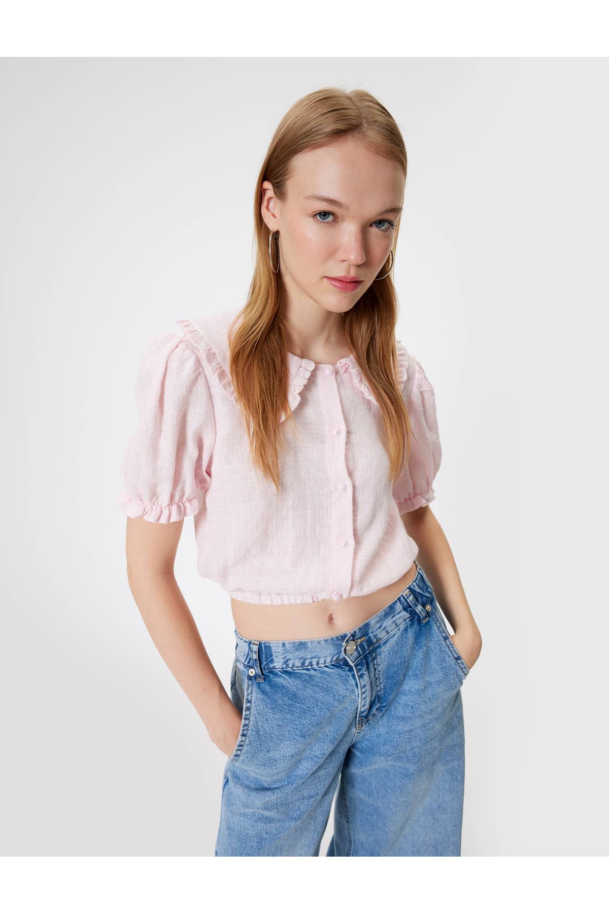 بلوز بلوز آستین بادکنکی یقه پهن کودک با دکمه نخی