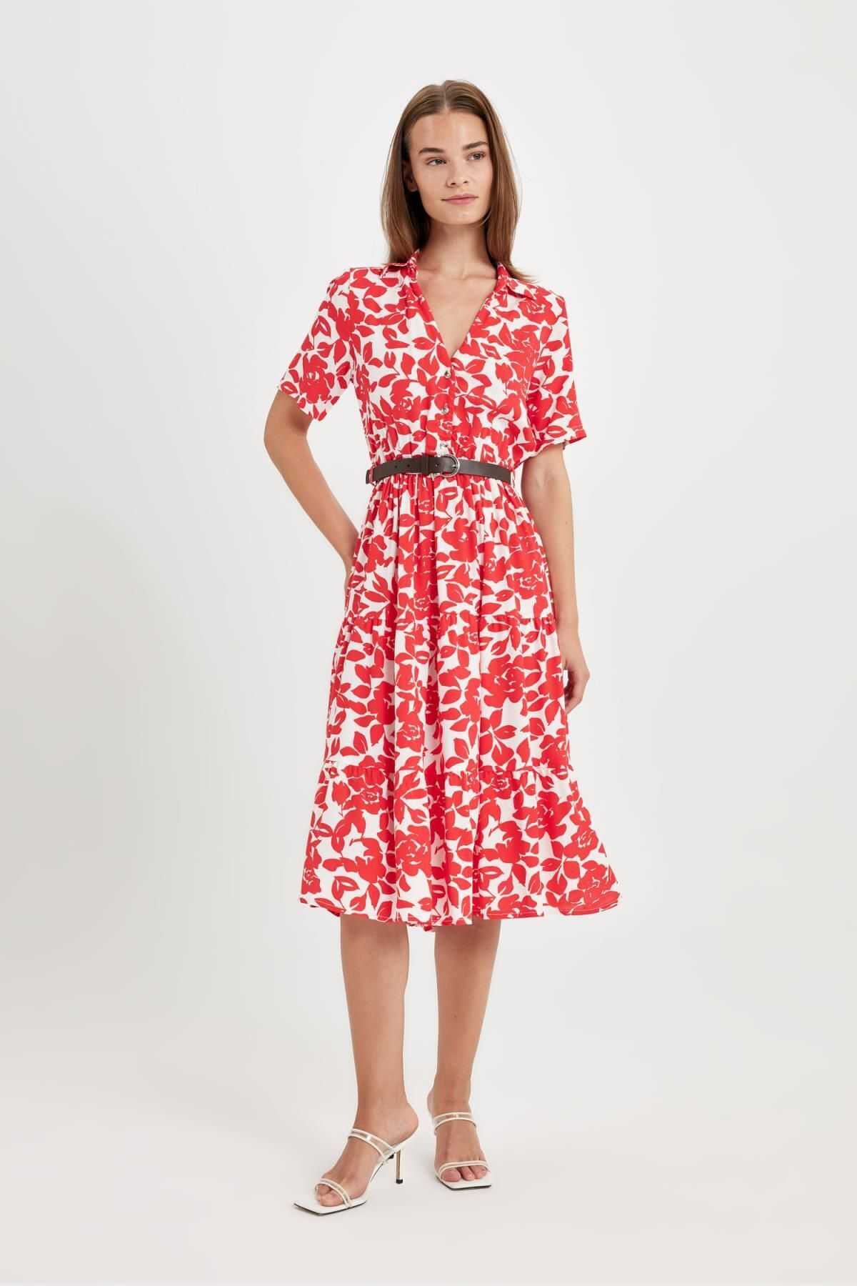 لباس میدی آستین کوتاه طرح دار یقه پیراهن