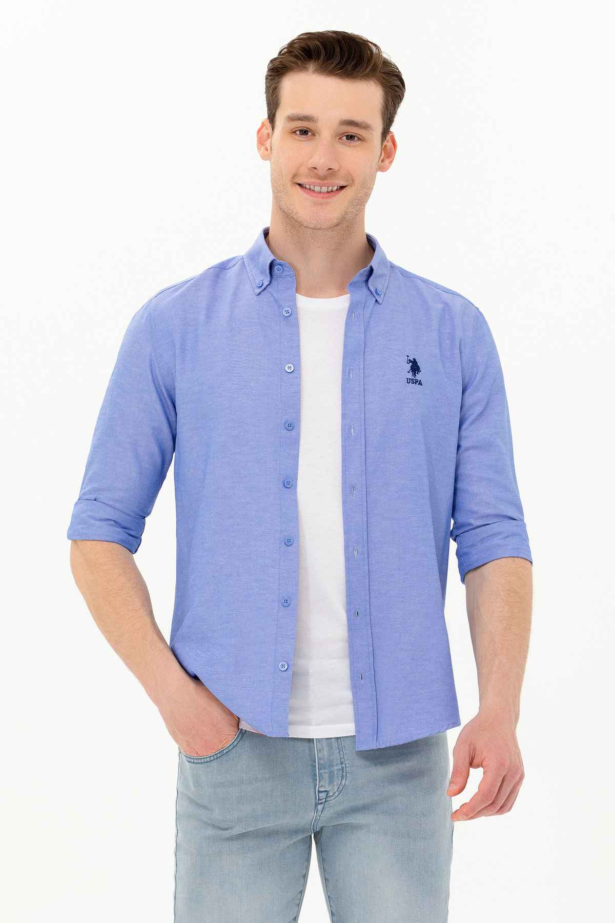 پیراهن پایه آستین بلند آبی روشن مردانه 50262932-VR003