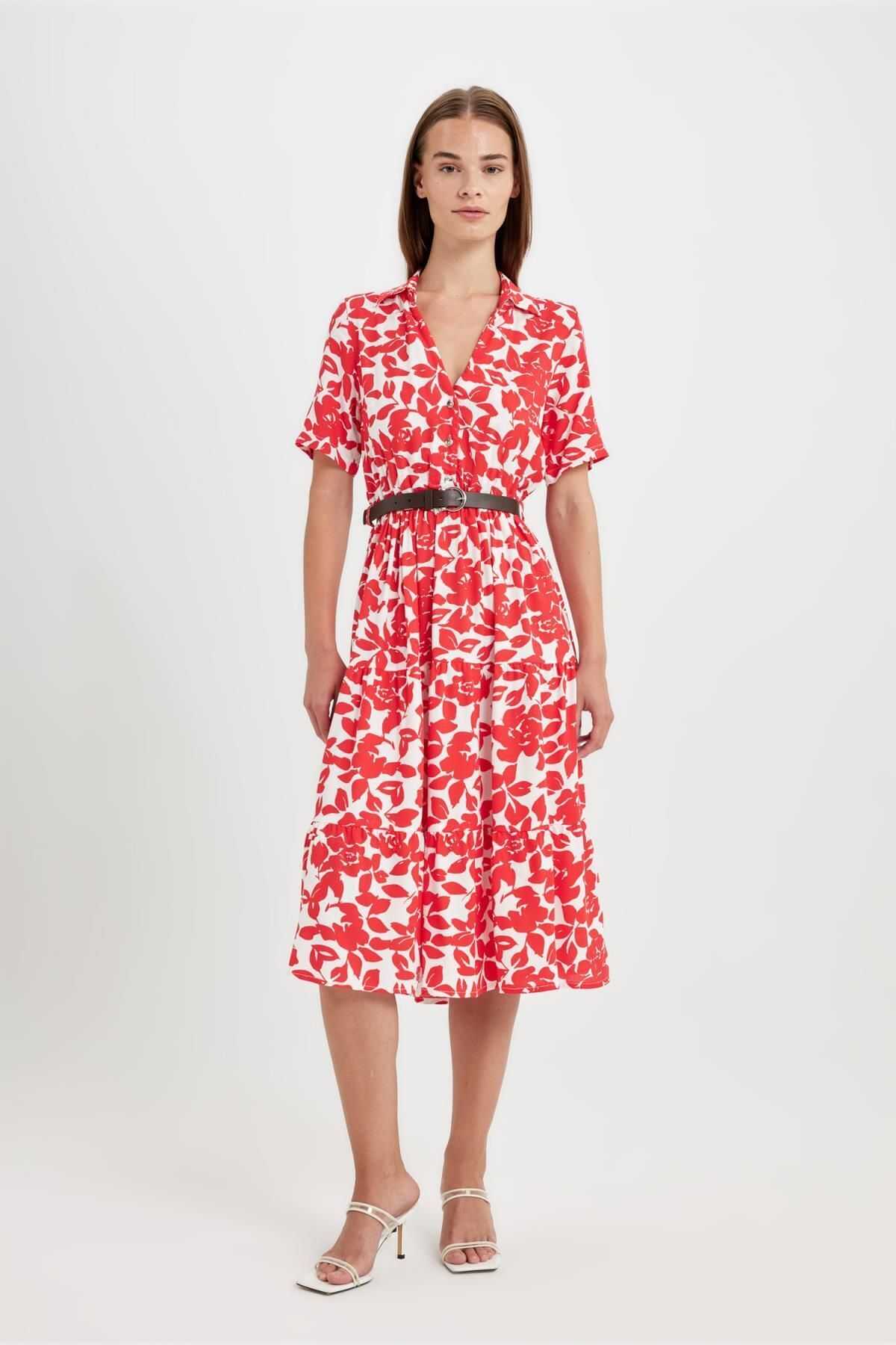 لباس میدی آستین کوتاه طرح دار یقه پیراهن