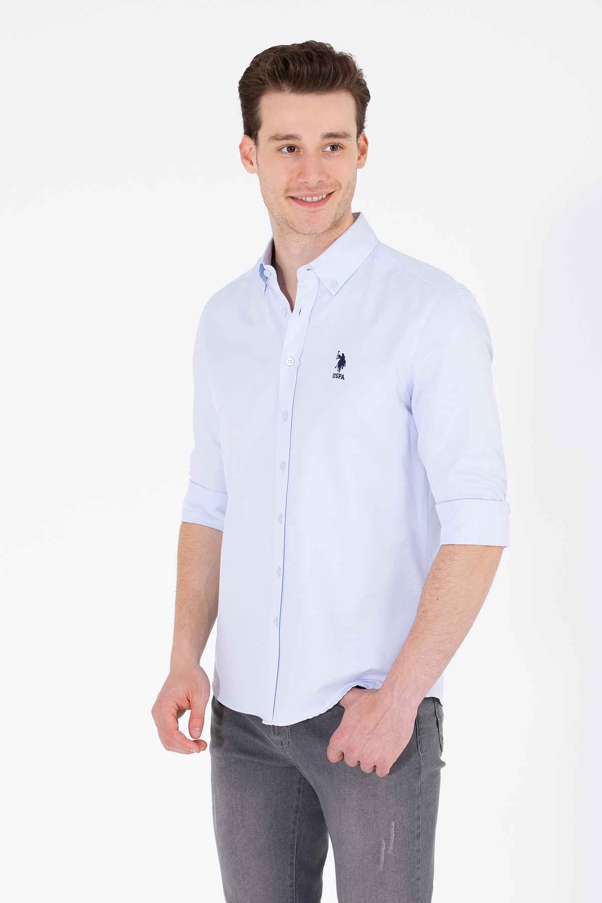 پیراهن پایه آستین بلند آبی روشن مردانه 50262932-VR003