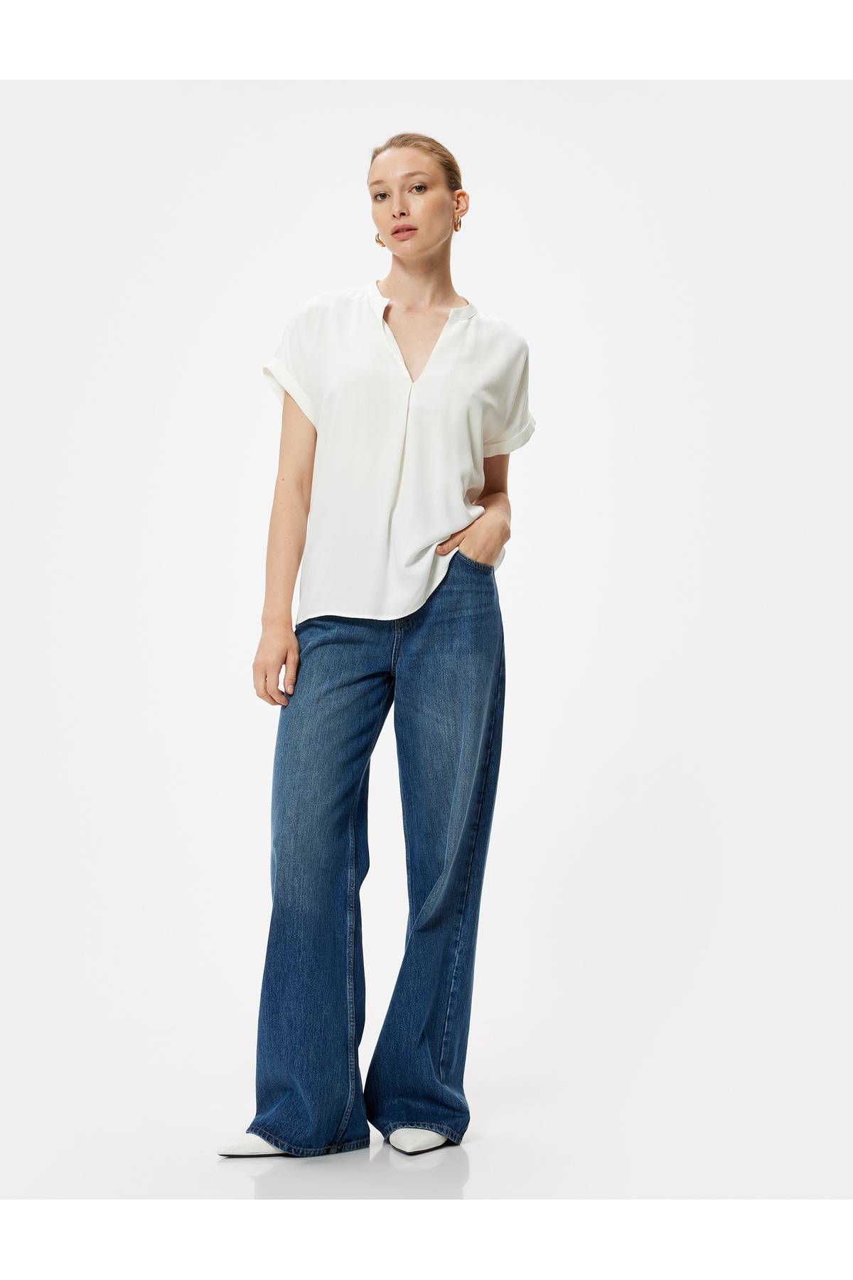 بلوز یقه ماندارین پارچه ای ویسکوز آستین کوتاه