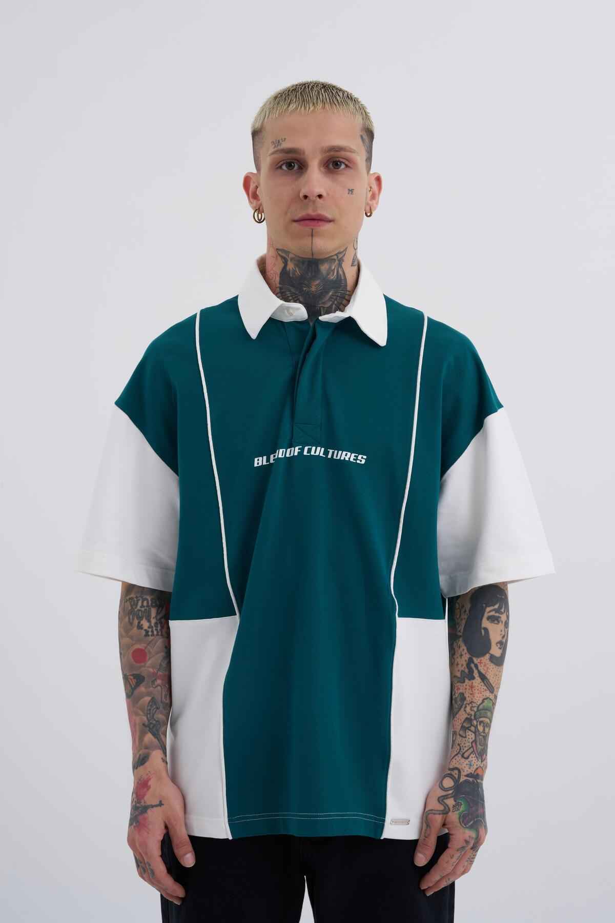 تیشرت اکرو سبز پولو چاپ لوله و کنتراست مردانه