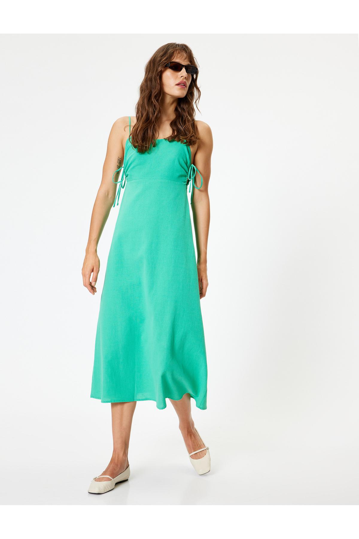 لباس میدی بند دار ترکیبی کتانی با جزئیات پنجره کناری و تناسب باریک کراوات