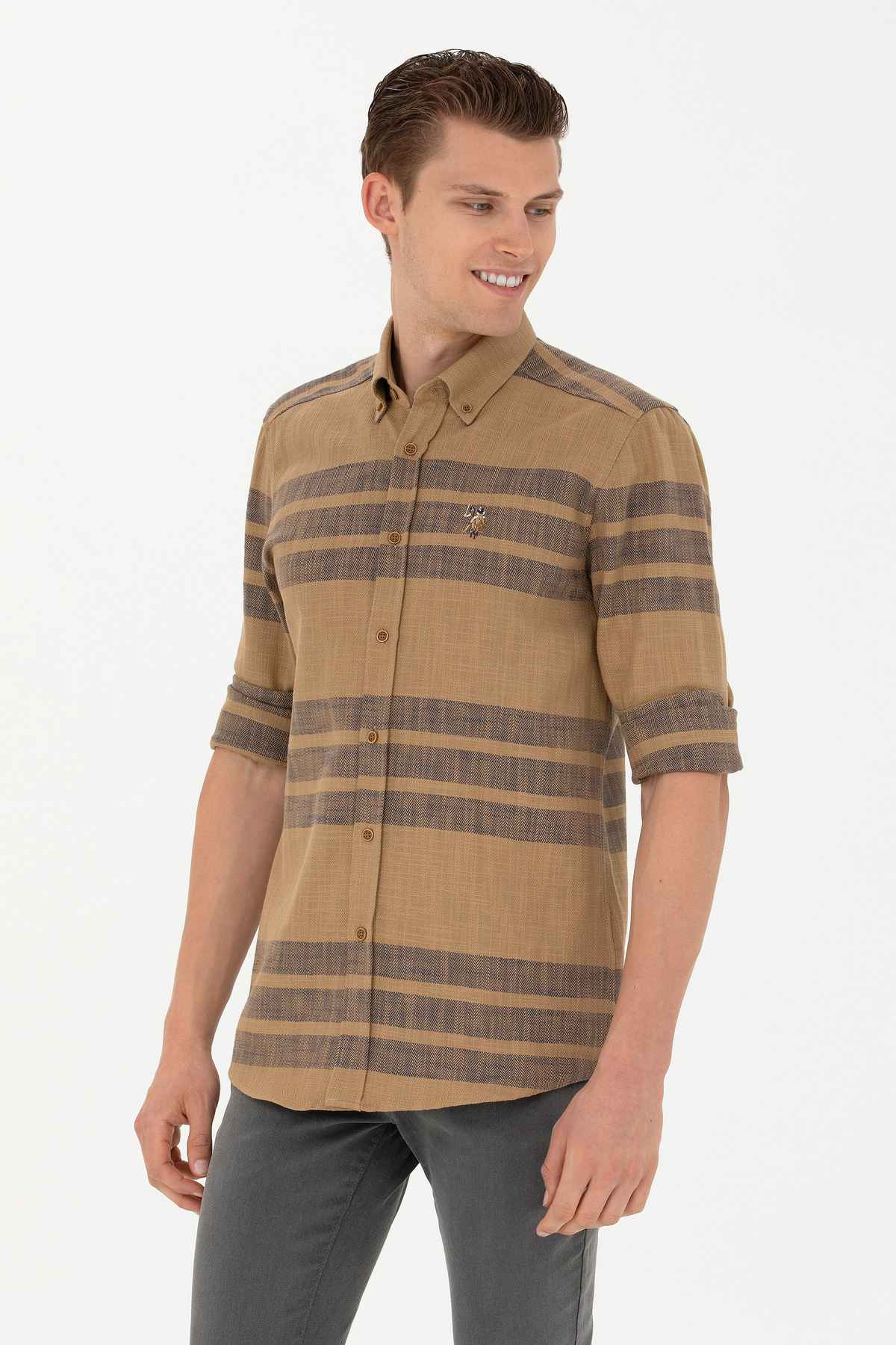 پیراهن آستین بلند مردانه سنگی 50272448-VR049